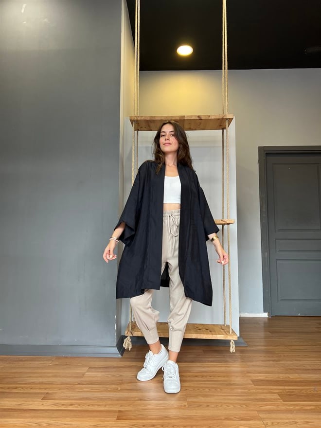 Pamuk Saten Kuşaklı Kimono - Siyah - Dominatrend