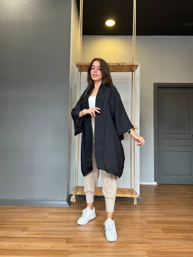 Pamuk Saten Kuşaklı Kimono - Siyah - Dominatrend