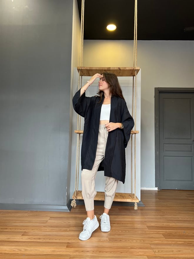 Pamuk Saten Kuşaklı Kimono - Siyah - Dominatrend