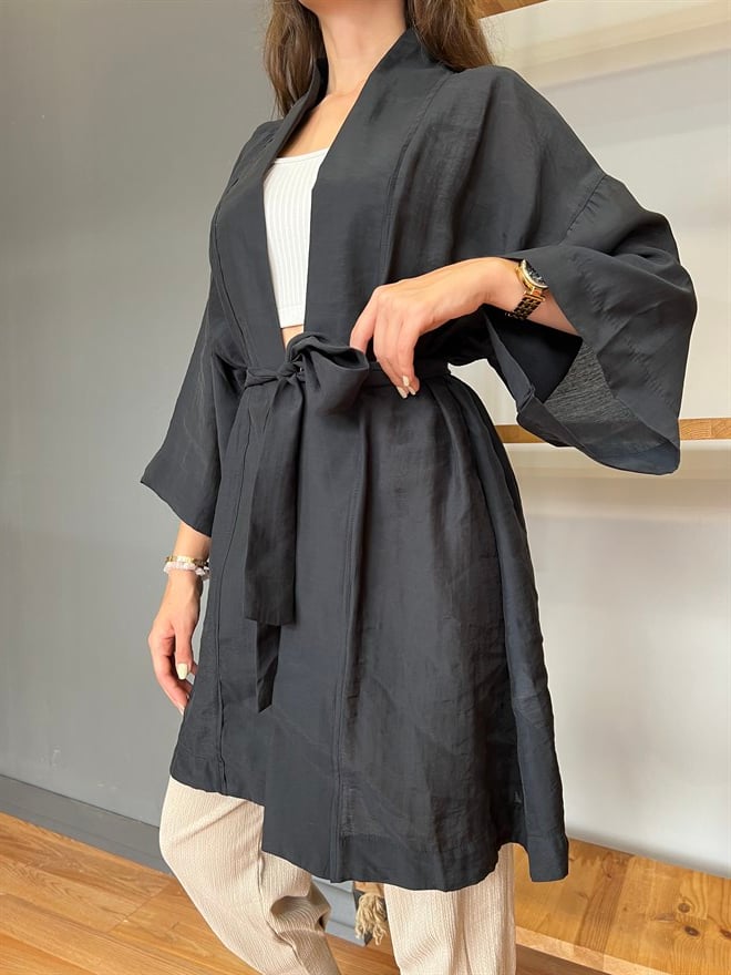 Pamuk Saten Kuşaklı Kimono - Siyah - Dominatrend