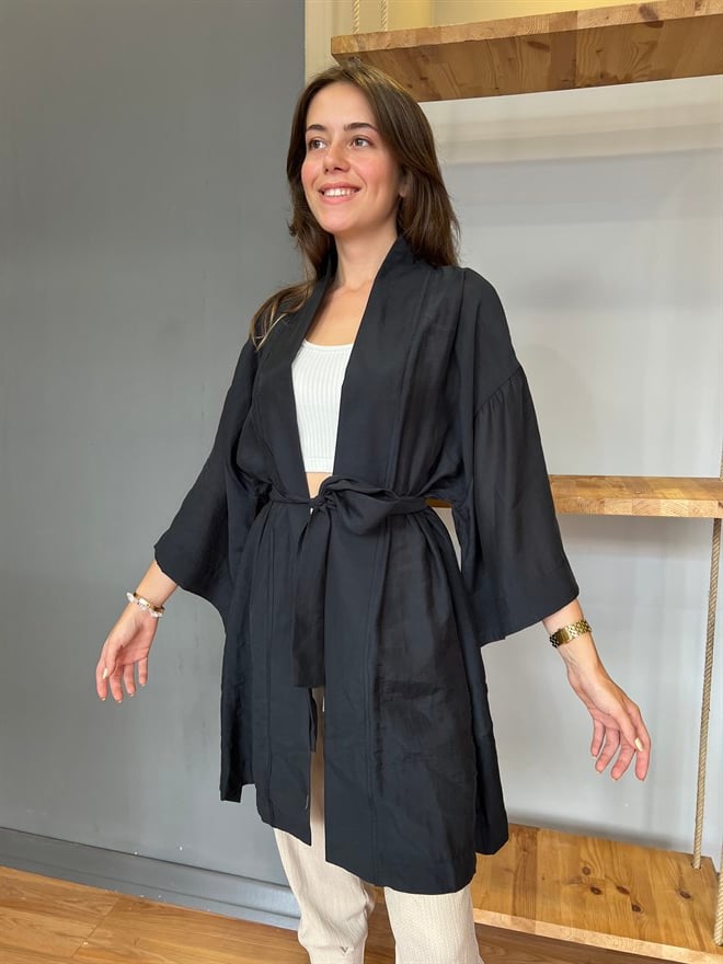 Pamuk Saten Kuşaklı Kimono - Siyah - Dominatrend