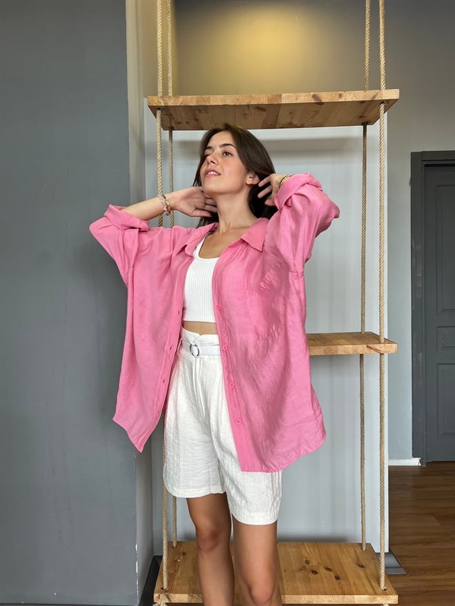 Pamuk Saten Pembe Gömlek - Dominatrend