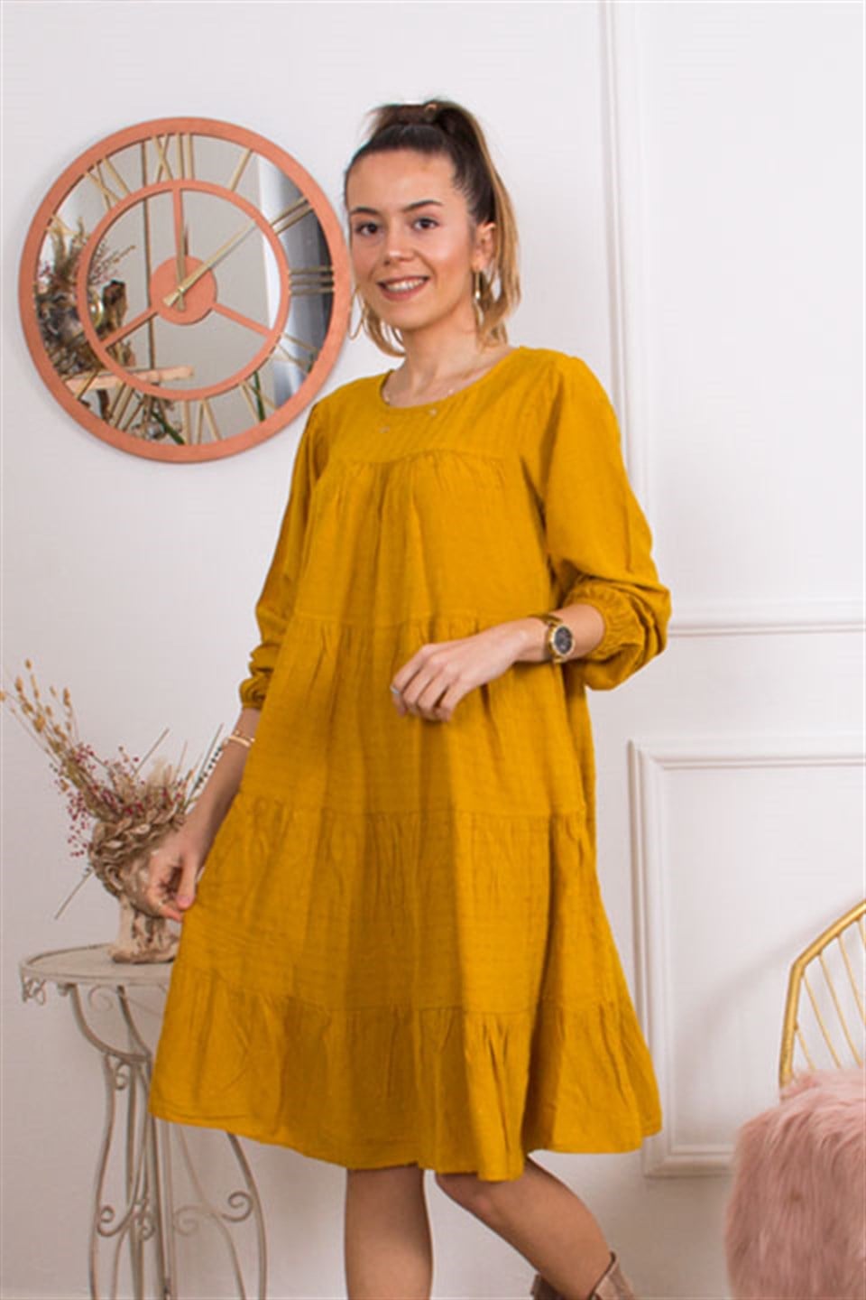Patlı Salaş Elbise - Hardal - Dominatrend