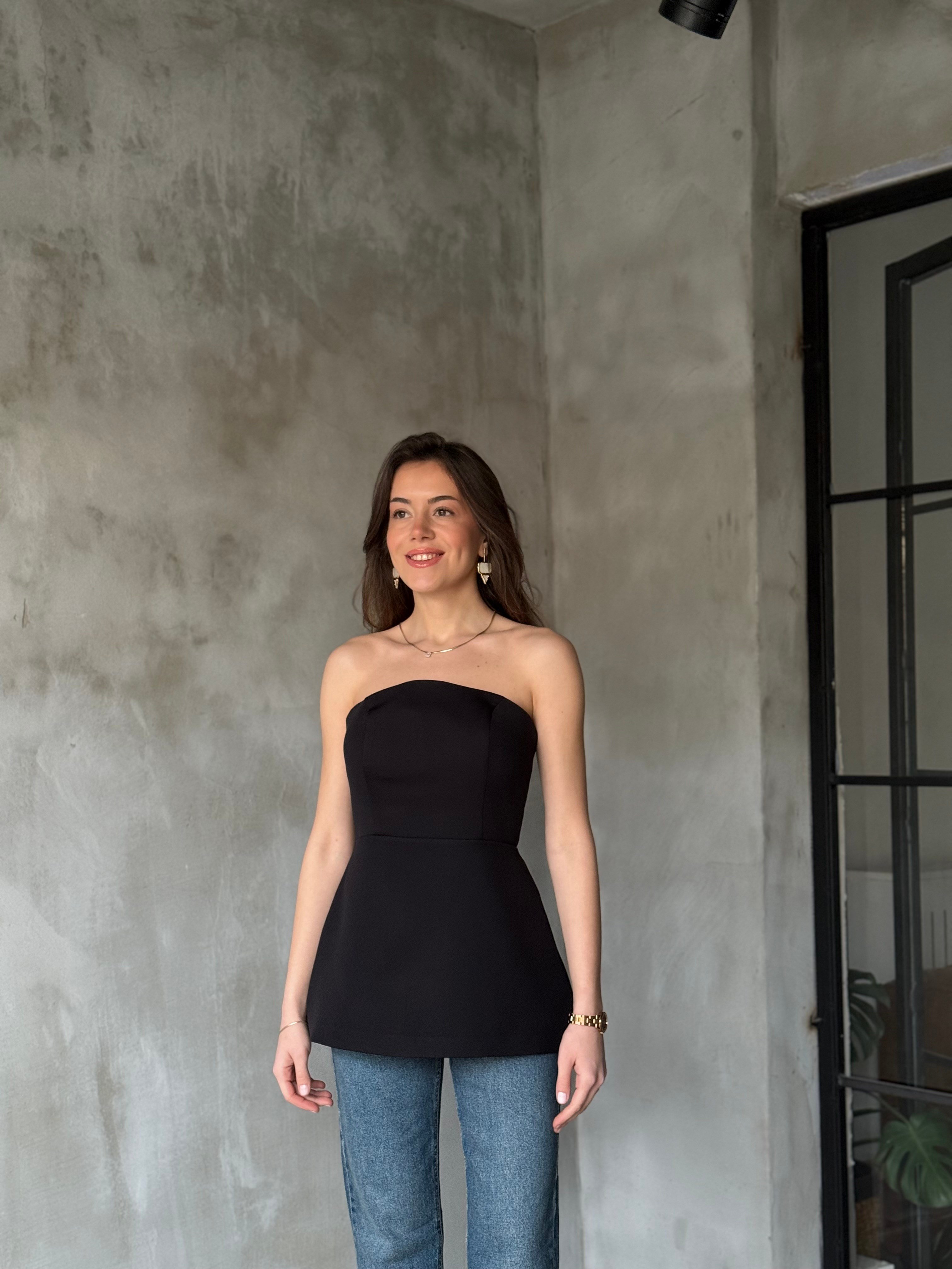 Pelerin Detaylı Straplez Bluz - Siyah - Dominatrend