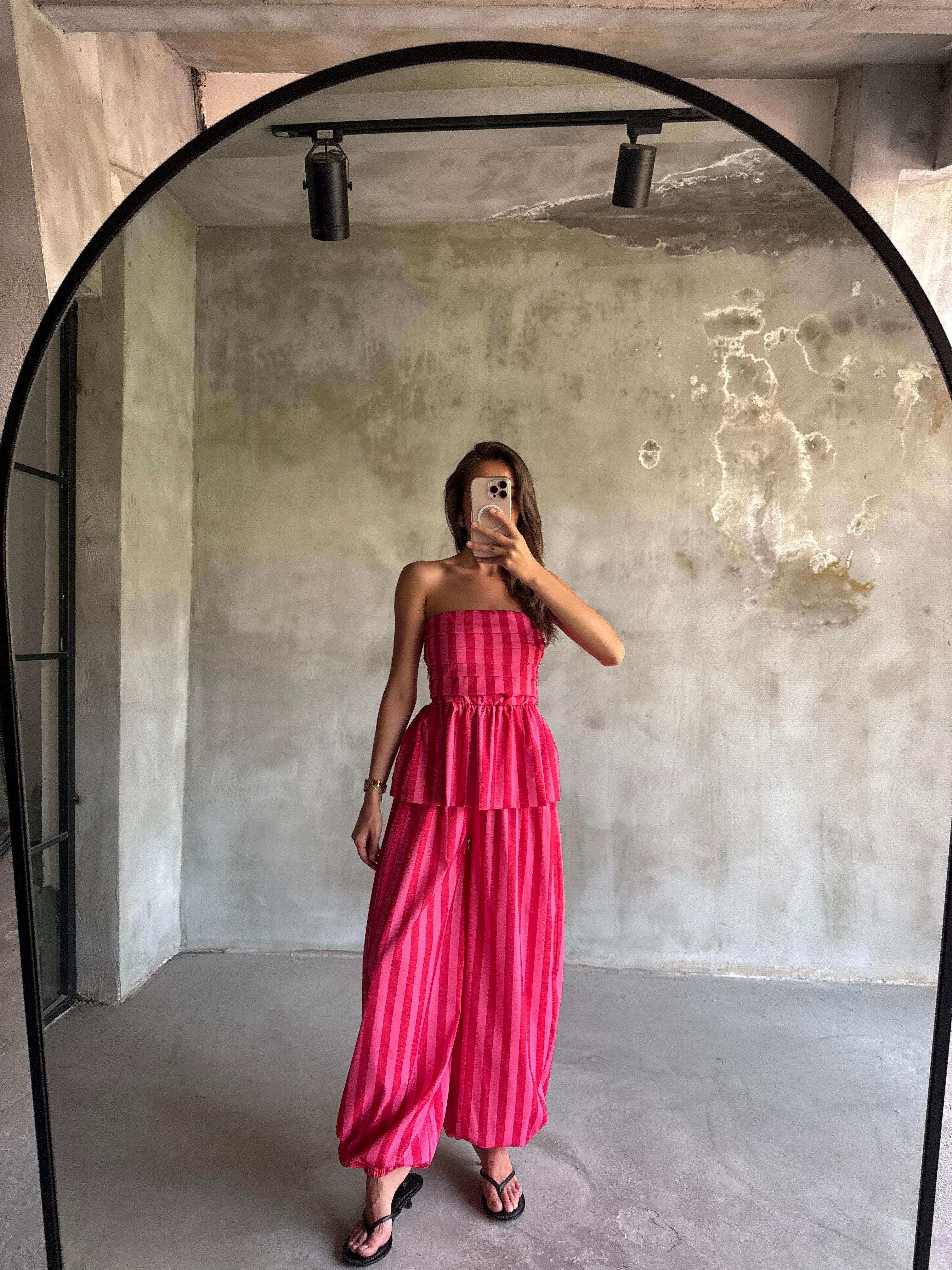 Pembe Çizgili Bluz Pantolon Takım  - Dominatrend