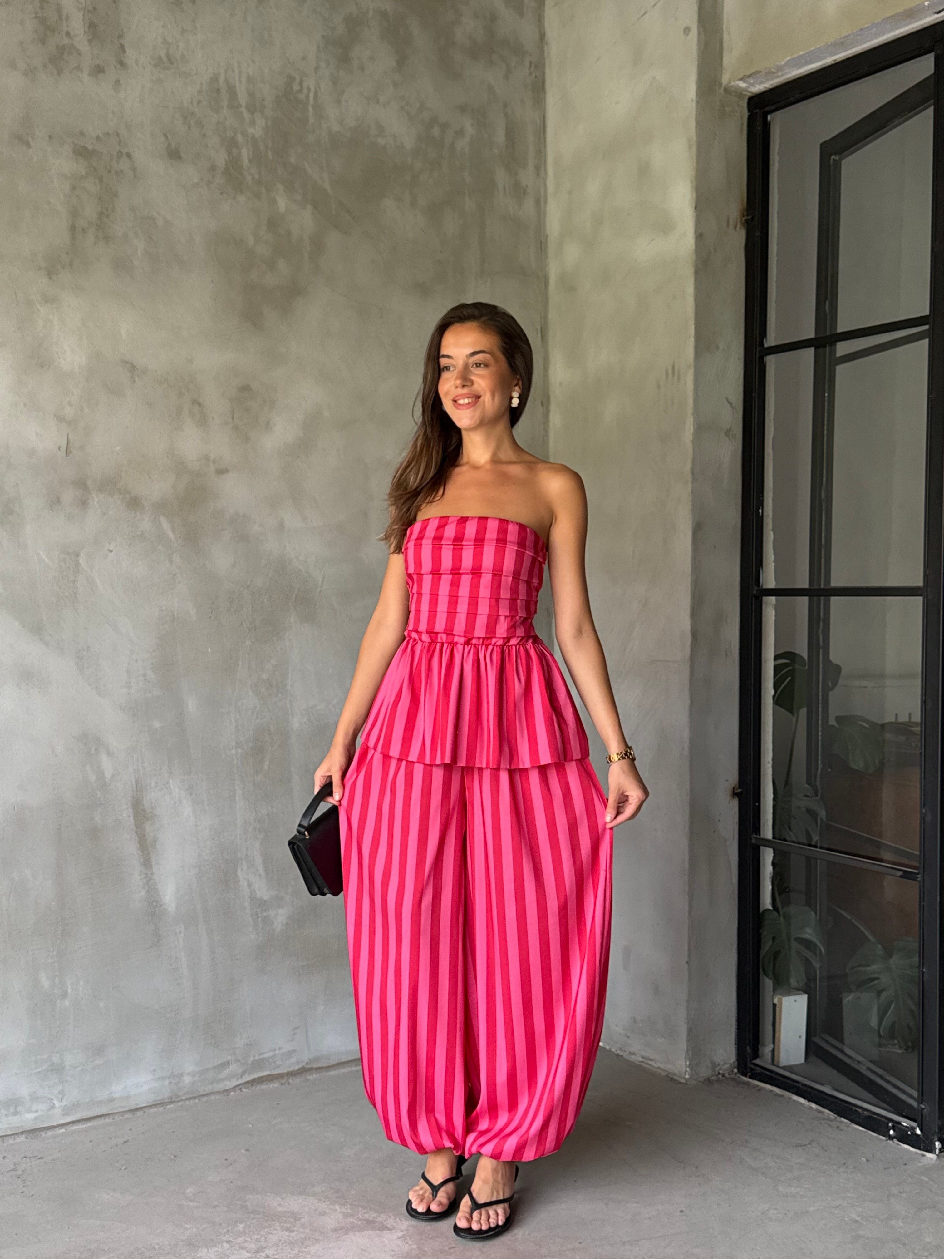 Pembe Çizgili Bluz Pantolon Takım  - Dominatrend