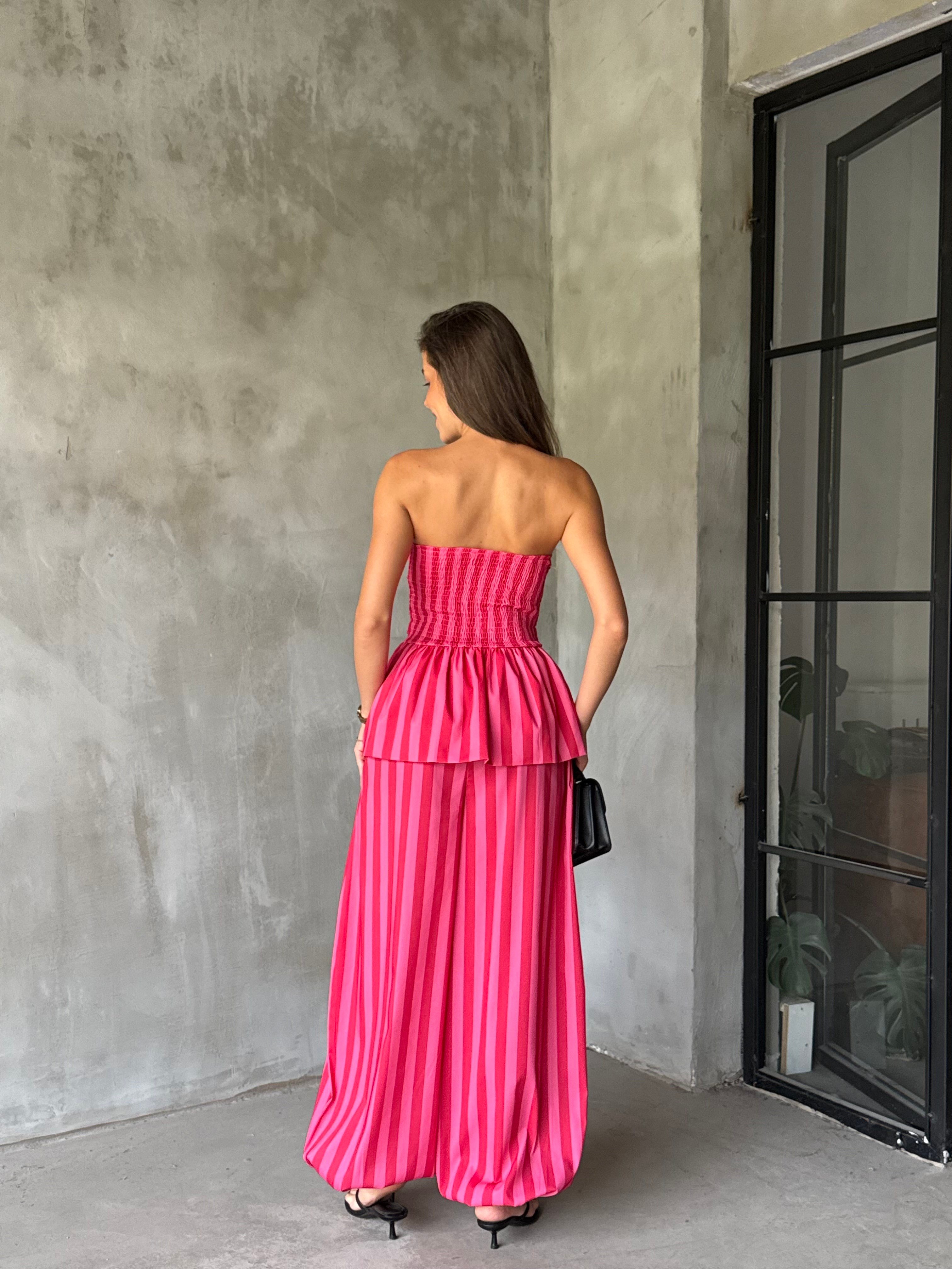 Pembe Çizgili Bluz Pantolon Takım  - Dominatrend