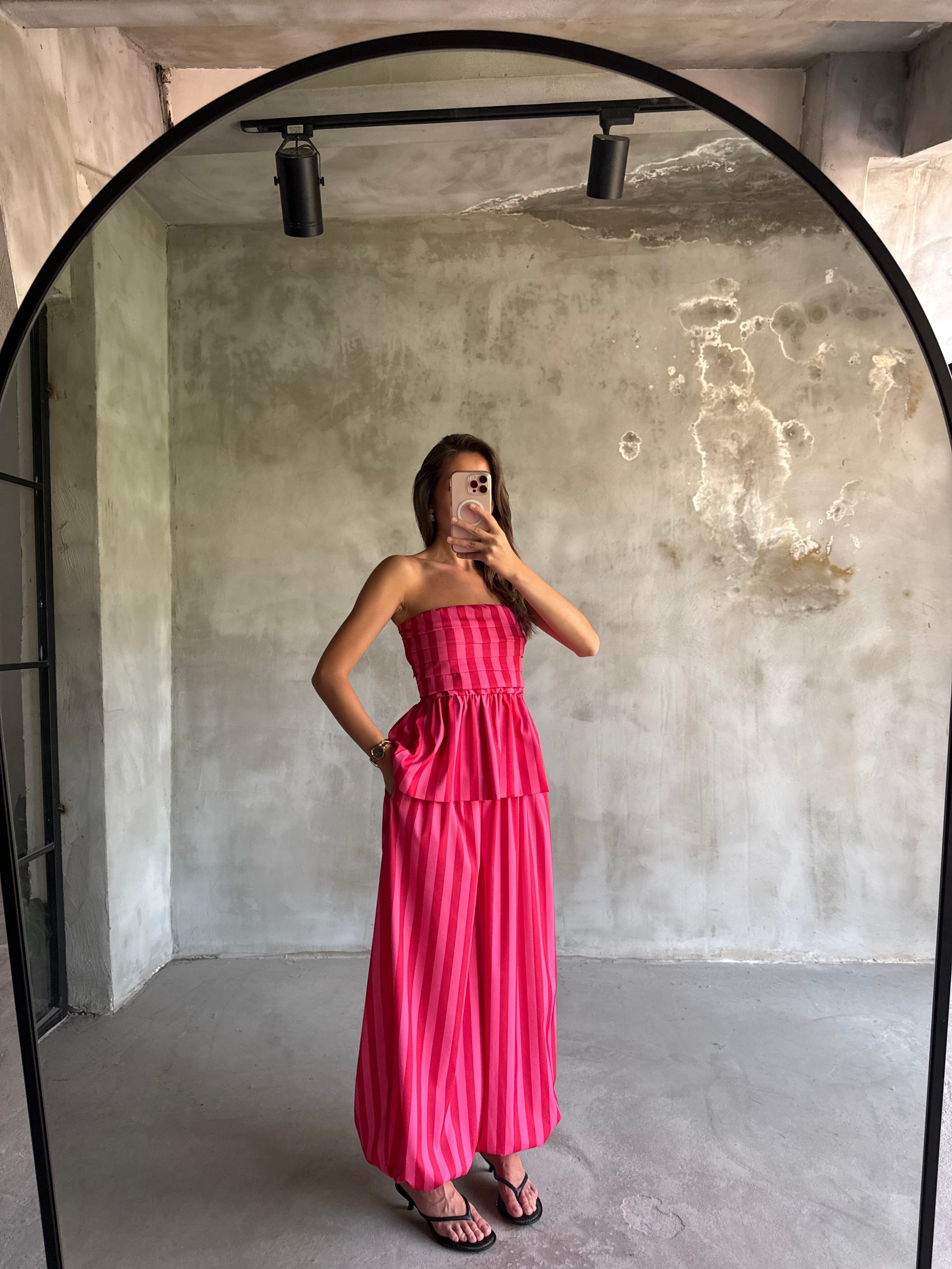 Pembe Çizgili Bluz Pantolon Takım  - Dominatrend