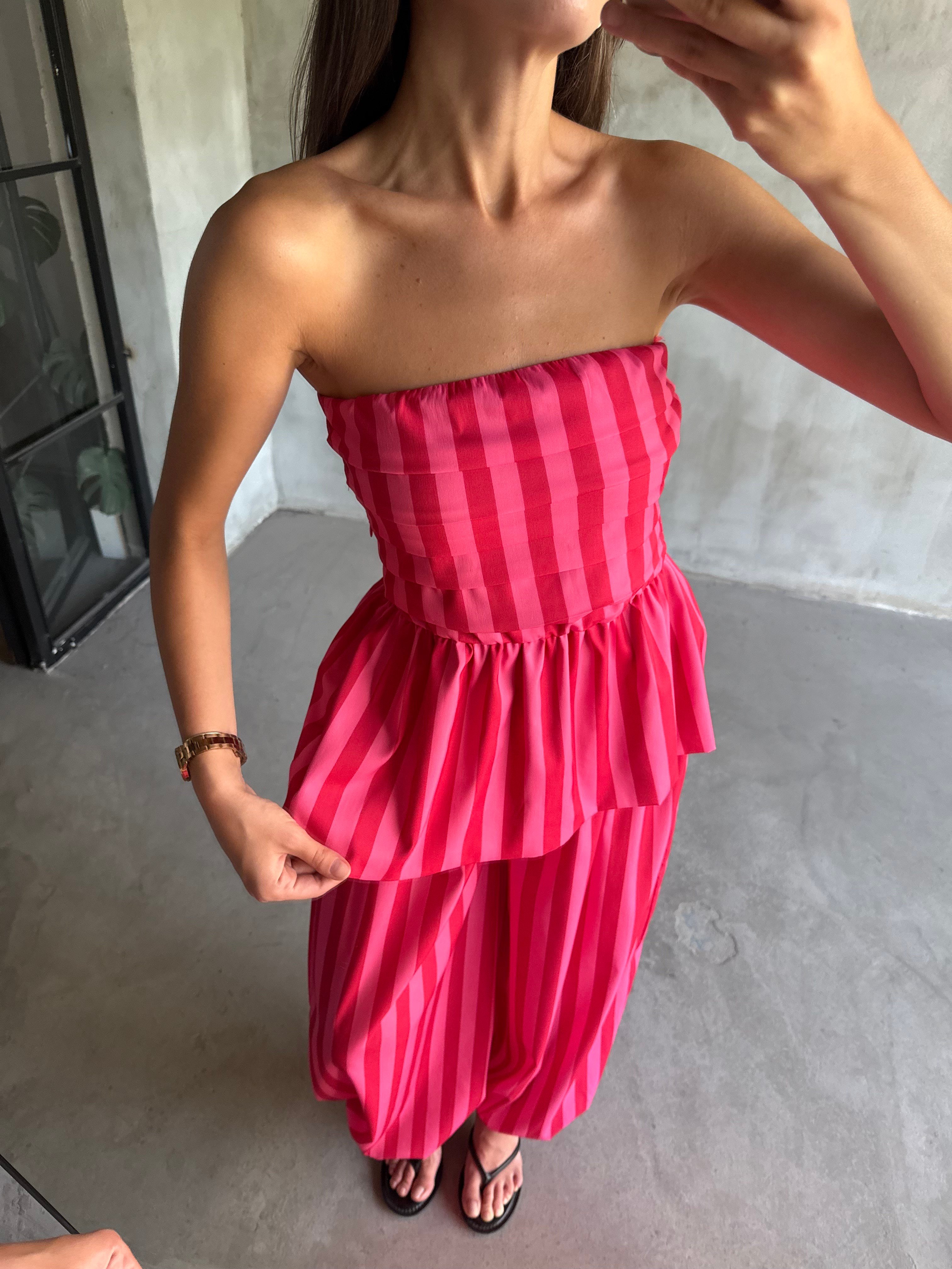 Pembe Çizgili Bluz Pantolon Takım  - Dominatrend