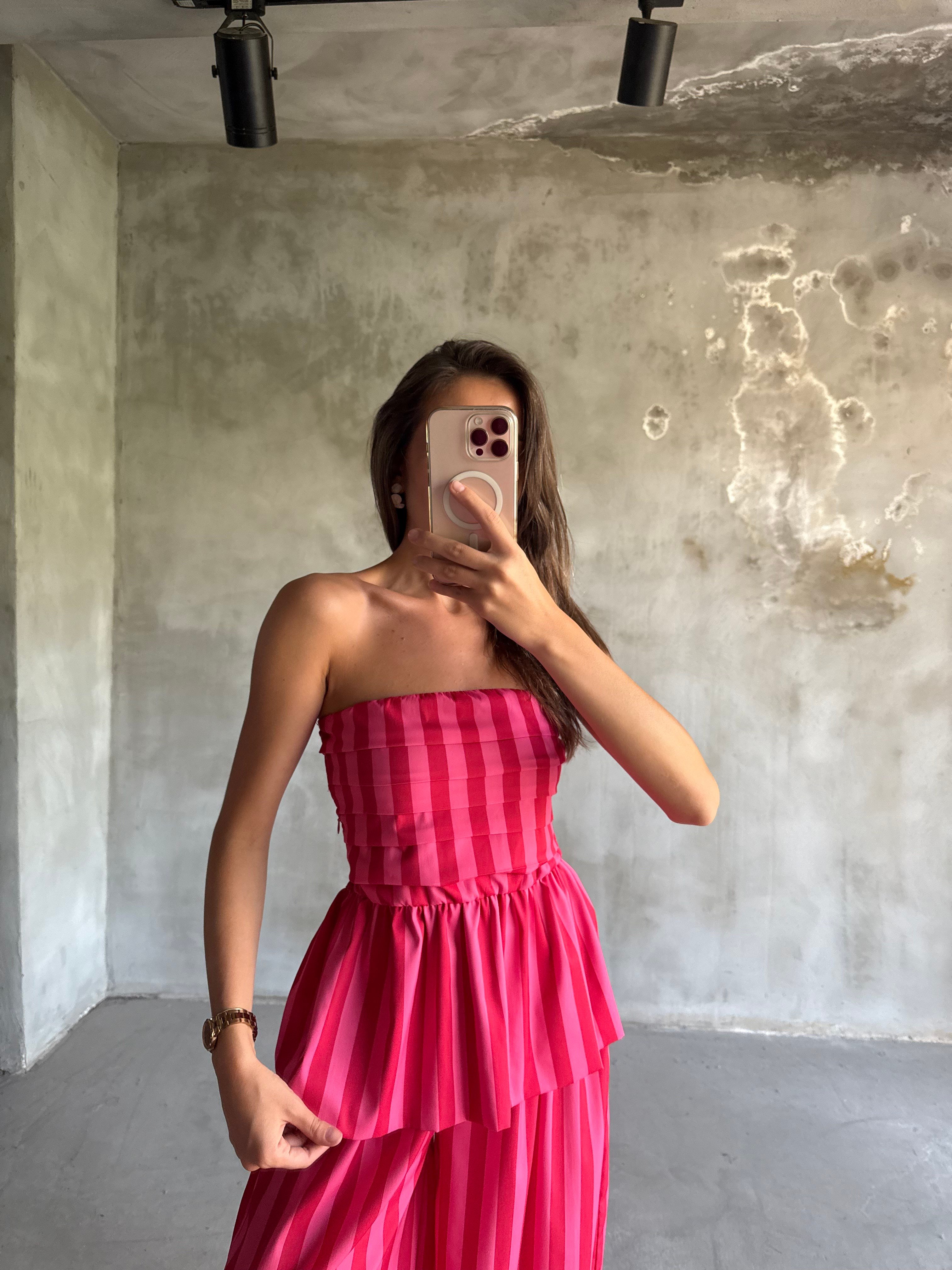 Pembe Çizgili Bluz Pantolon Takım  - Dominatrend