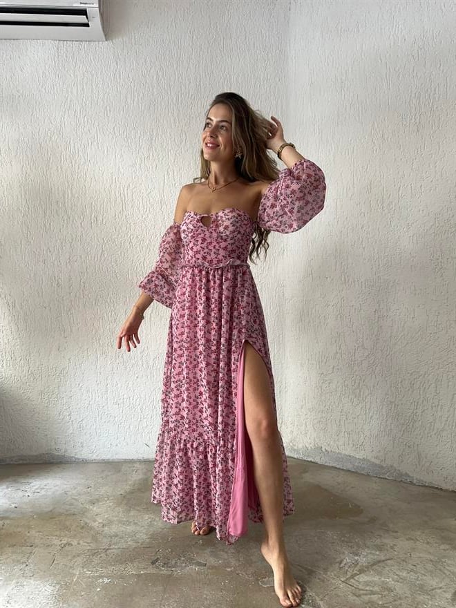 Pembe Desenli Şifon Yırtmaşlı Elbise  - Dominatrend