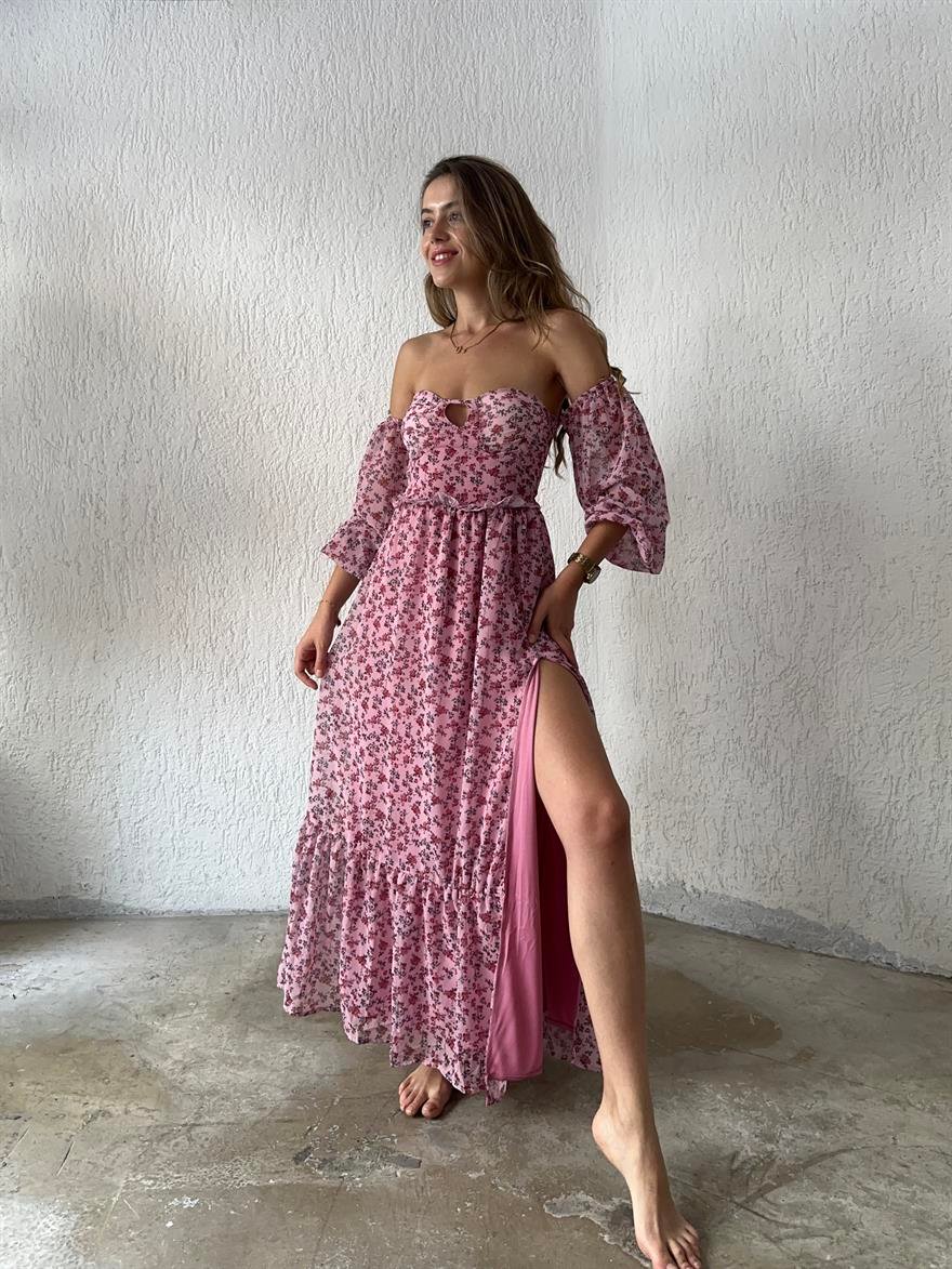 Pembe Desenli Şifon Yırtmaşlı Elbise  - Dominatrend