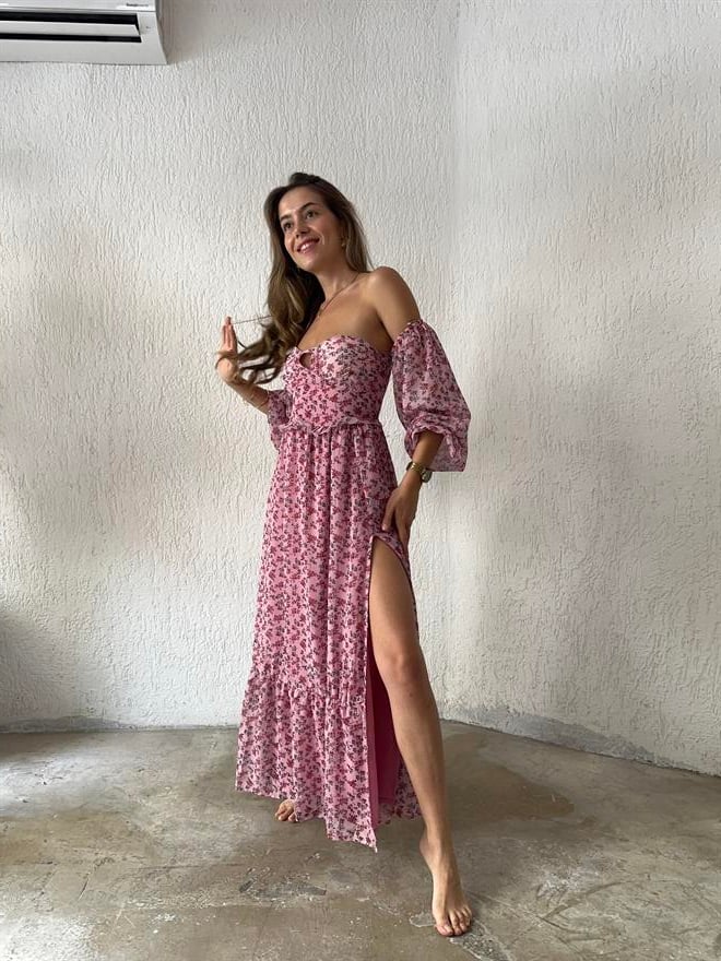 Pembe Desenli Şifon Yırtmaşlı Elbise  - Dominatrend