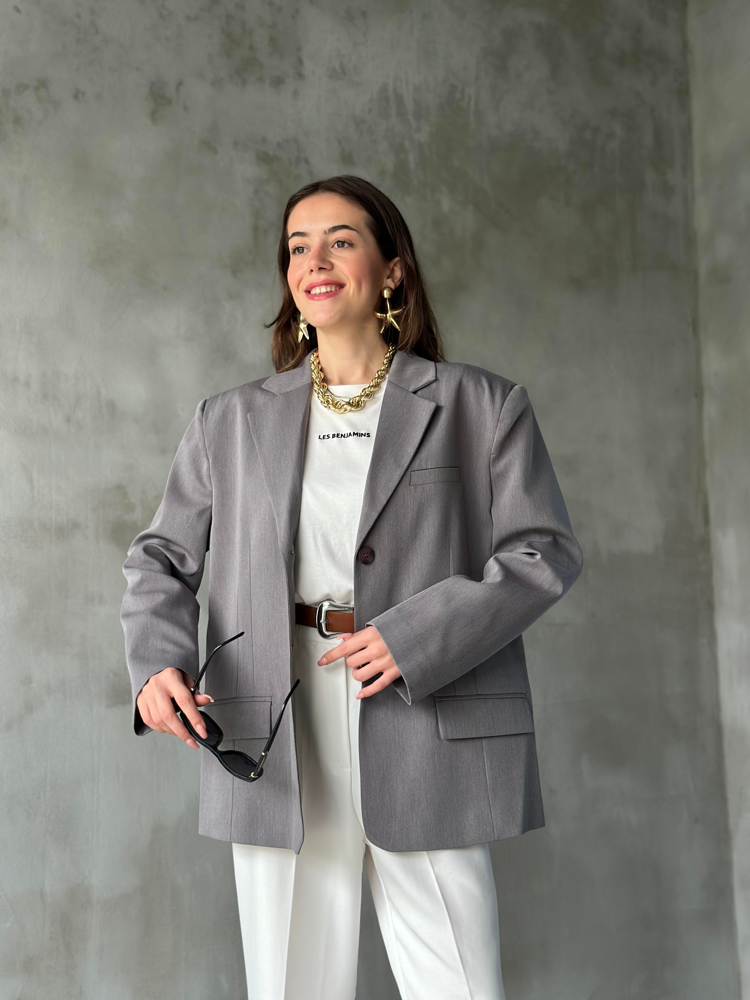 Perry Gri Oversize Blazer Ceket - Dominatrend