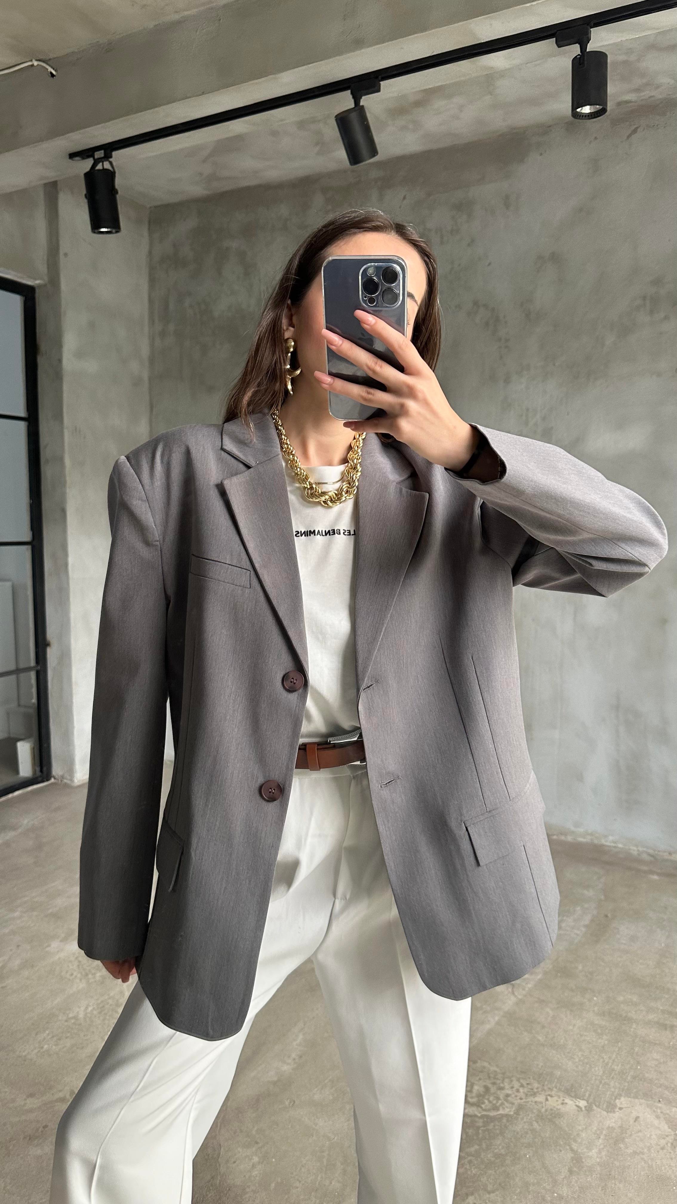Perry Gri Oversize Blazer Ceket - Dominatrend