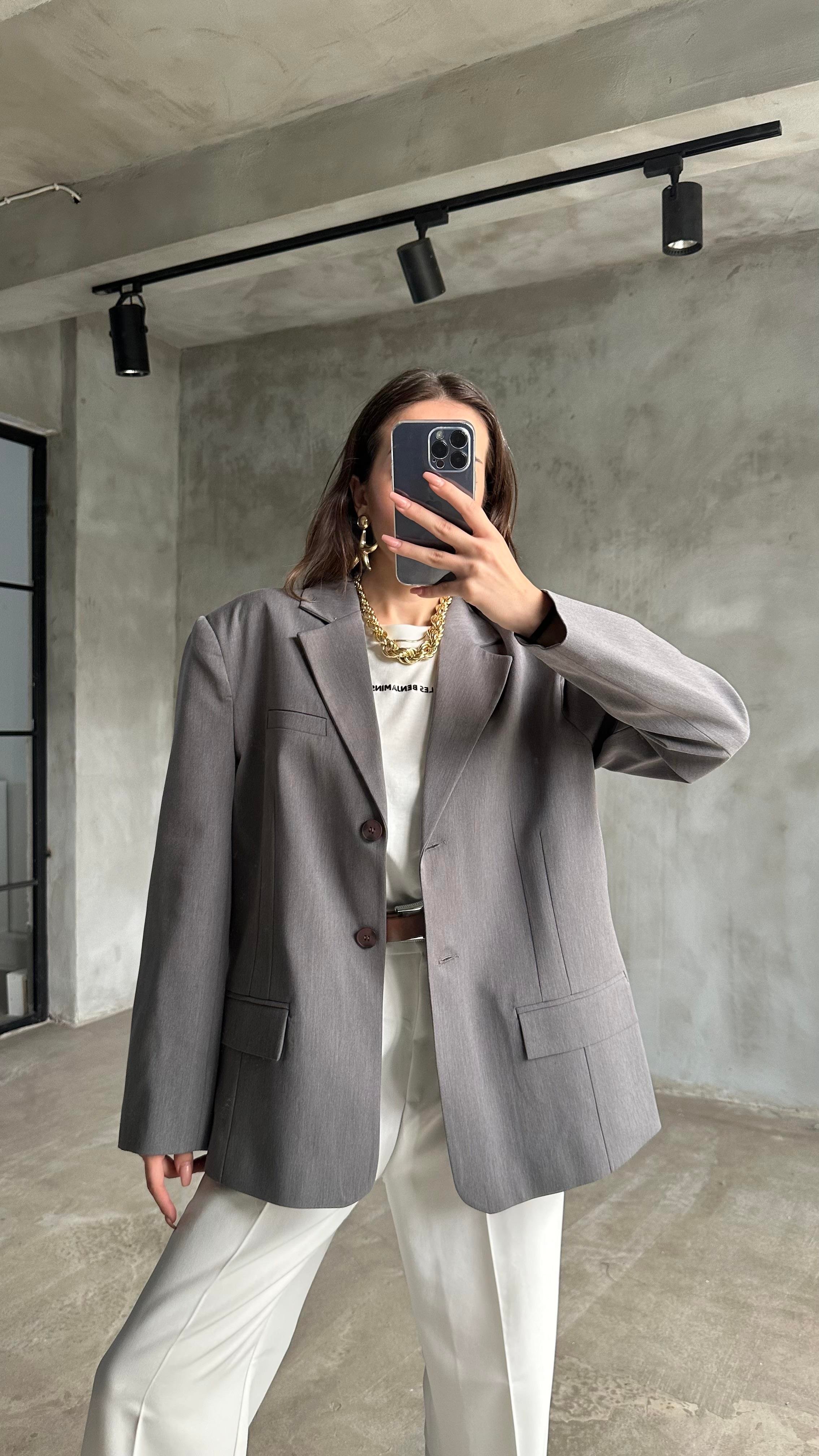 Perry Gri Oversize Blazer Ceket - Dominatrend