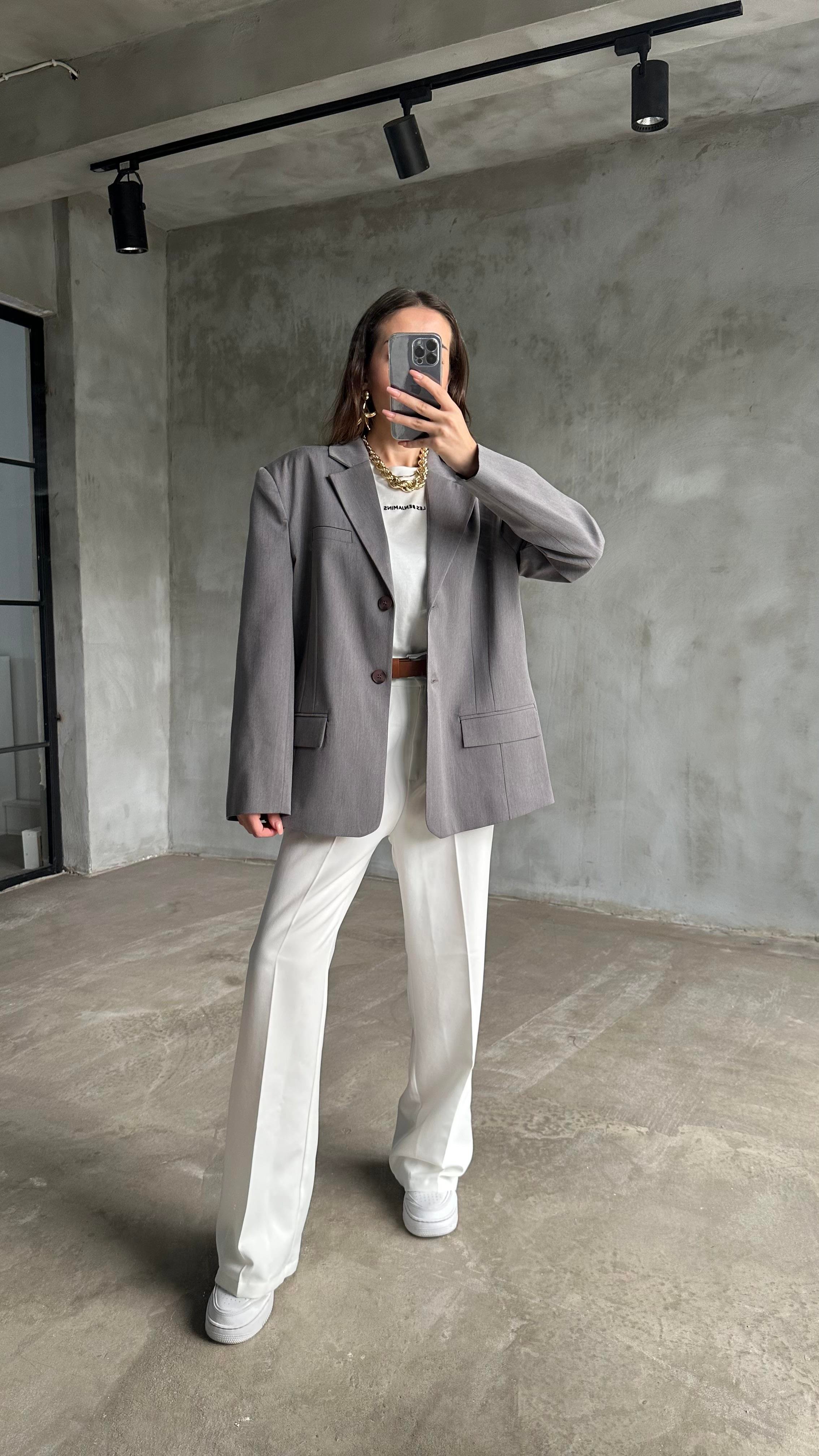 Perry Gri Oversize Blazer Ceket - Dominatrend