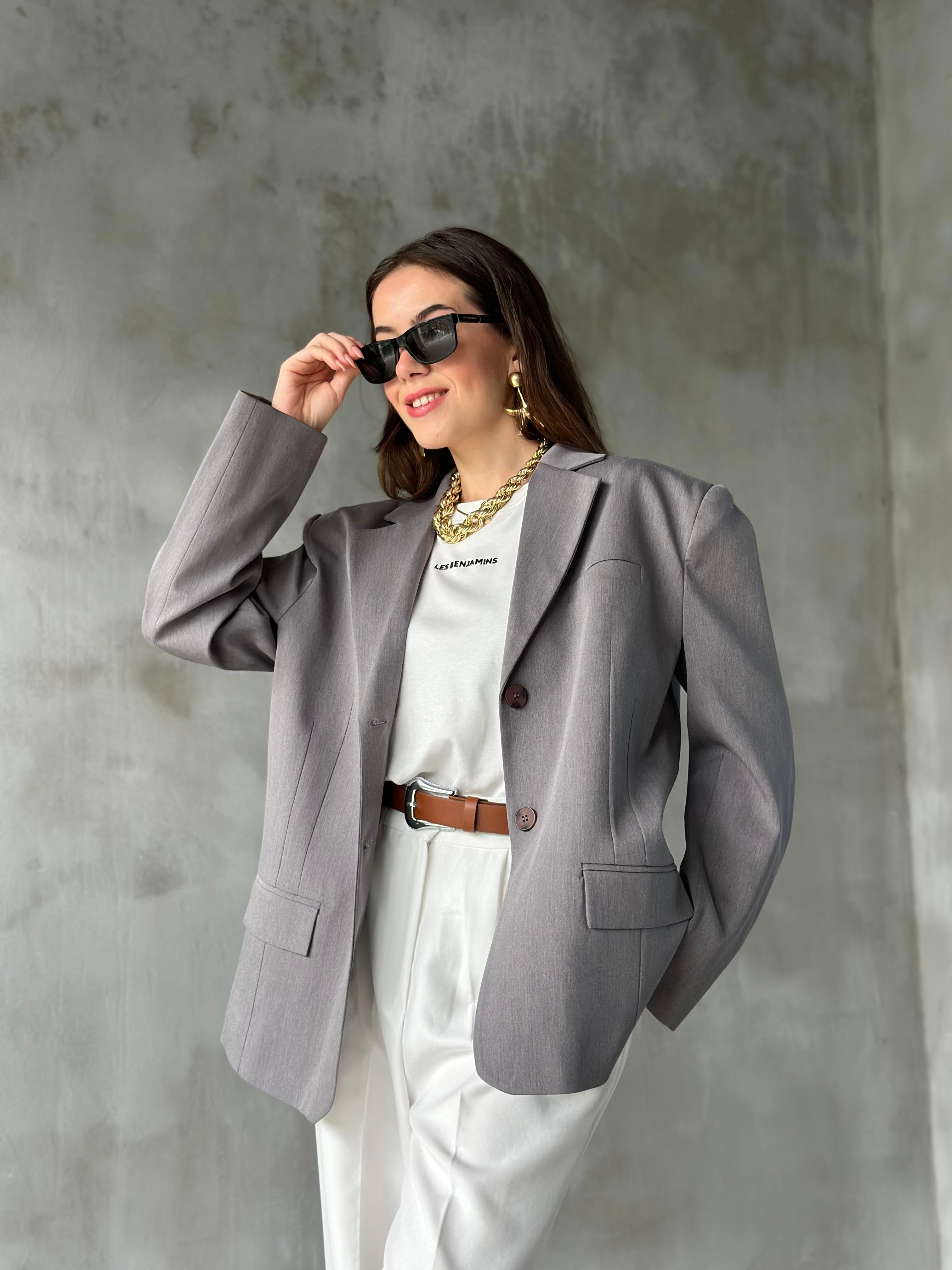 Perry Gri Oversize Blazer Ceket - Dominatrend