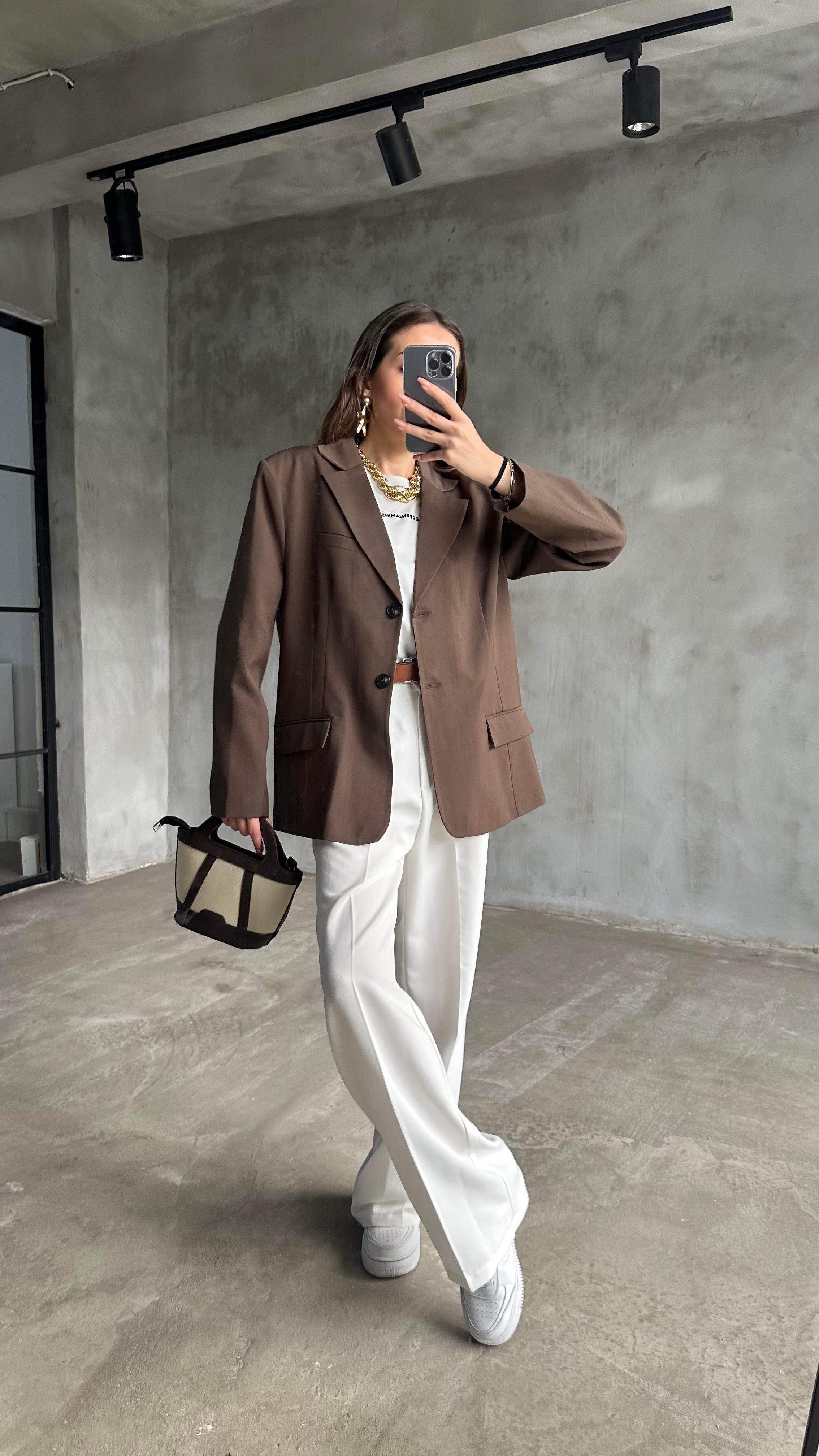 Perry Kahverengi Oversize Blazer Ceket - Dominatrend