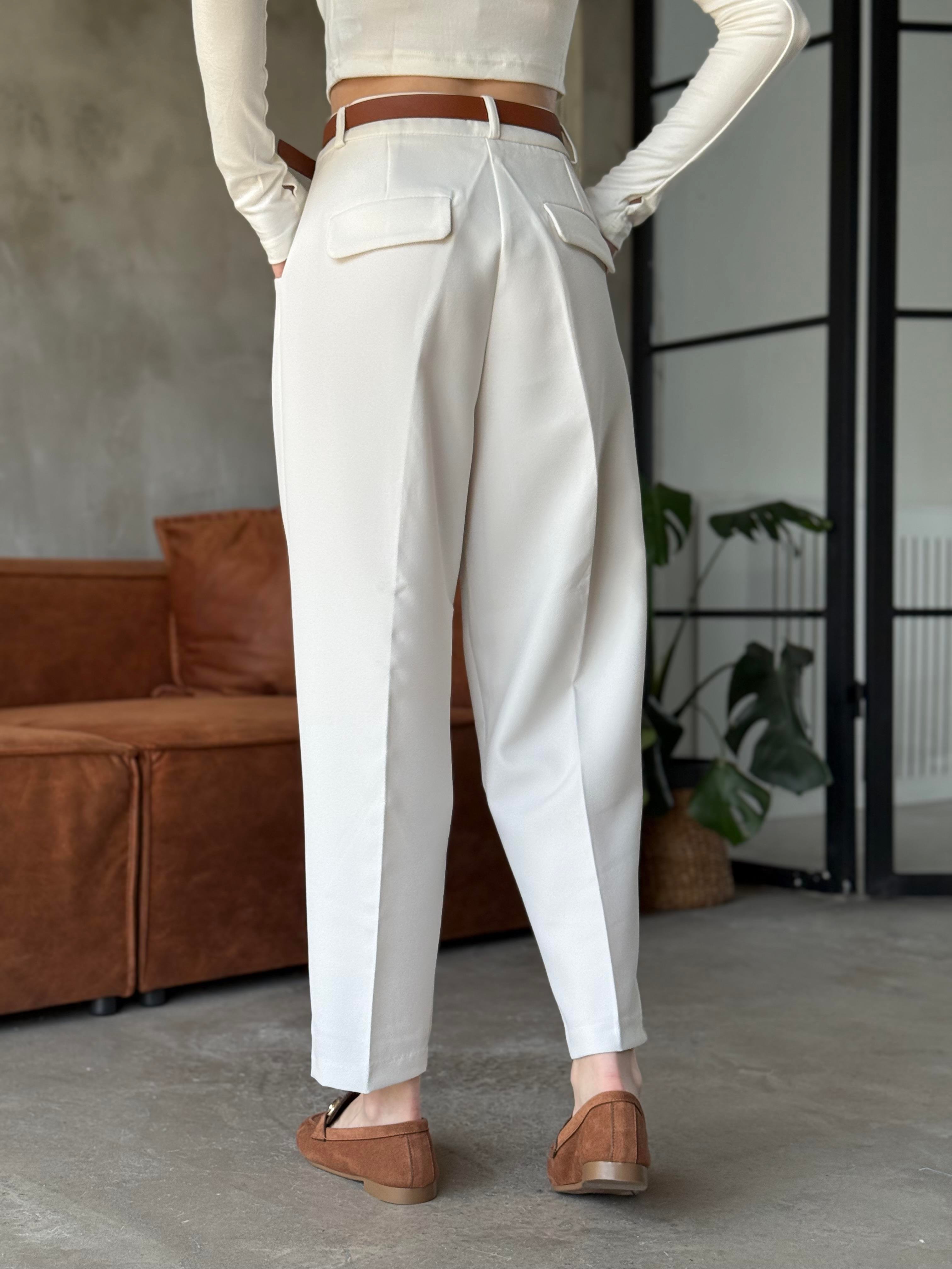 Perry Premium Kemerli Havuç Pantolon - Beyaz - Dominatrend