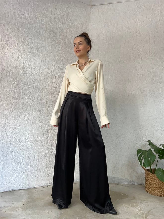 Pileli Saten Pantolon - Siyah - Dominatrend