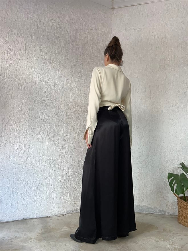 Pileli Saten Pantolon - Siyah - Dominatrend