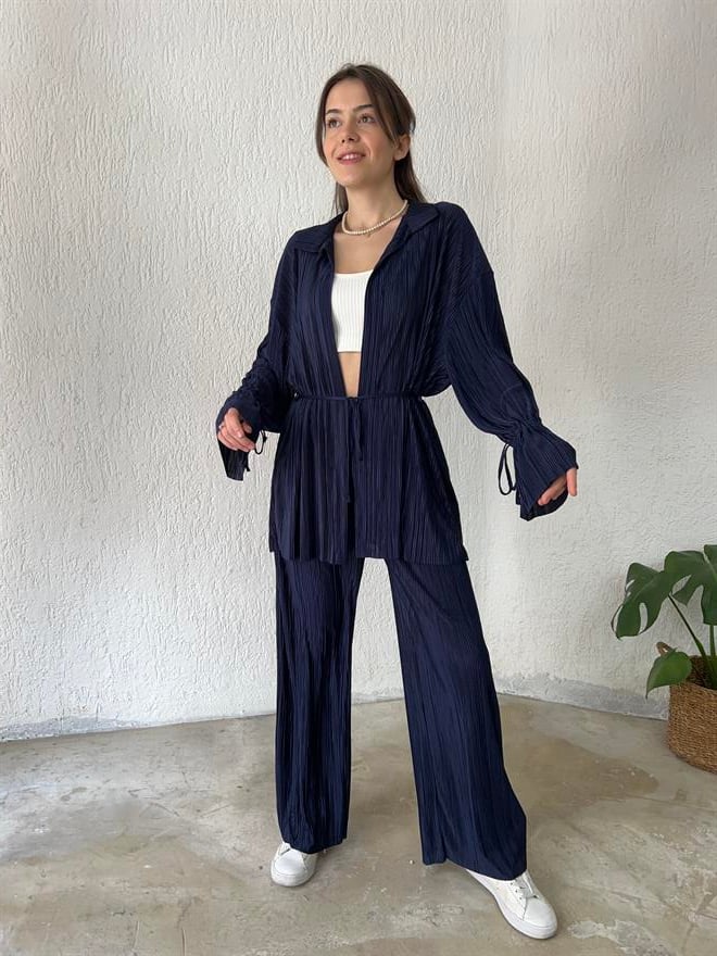 Piliseli Kimono - Pantolon Takım - Gece Mavisi - Dominatrend