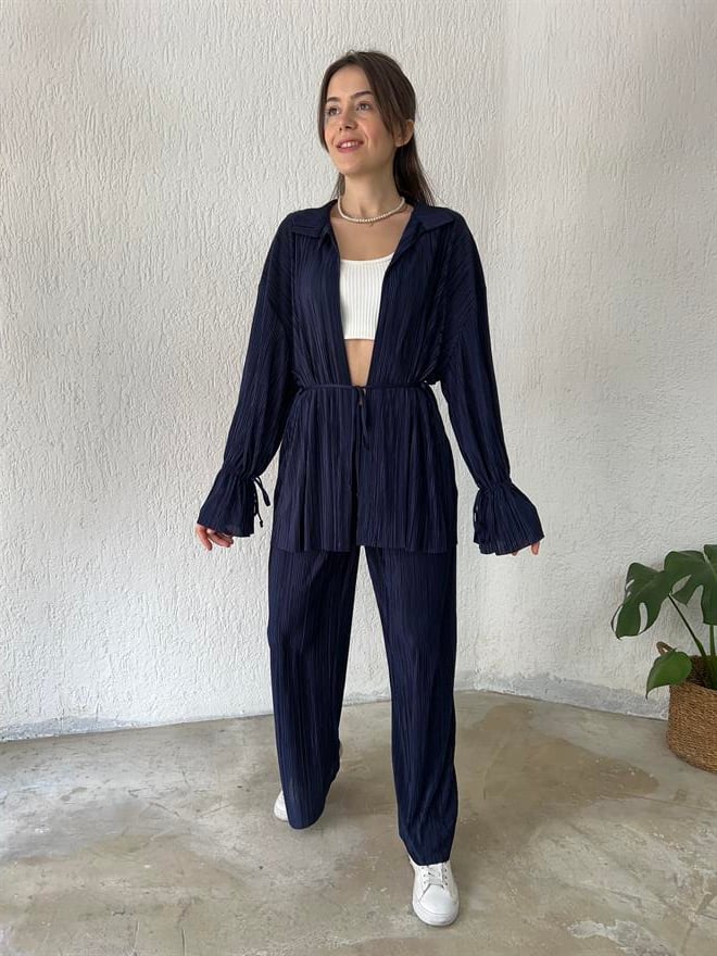 Piliseli Kimono - Pantolon Takım - Gece Mavisi - Dominatrend