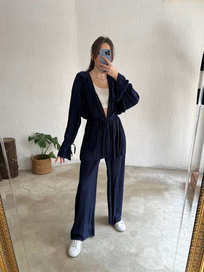 Piliseli Kimono - Pantolon Takım - Gece Mavisi - Dominatrend