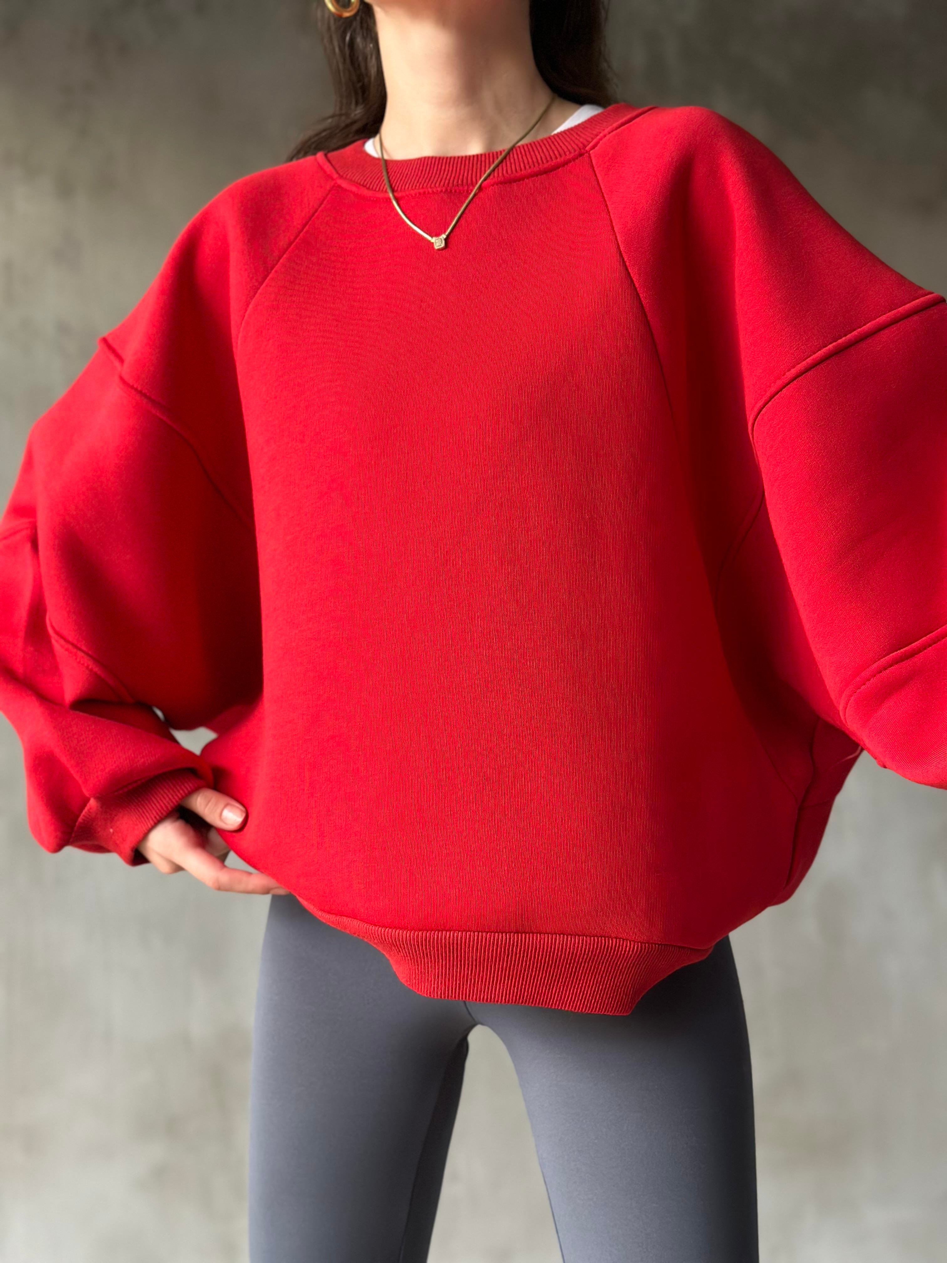 Poem Unisex Yarasa Kol Oversize Sweatshirt - Kırmızı - Dominatrend