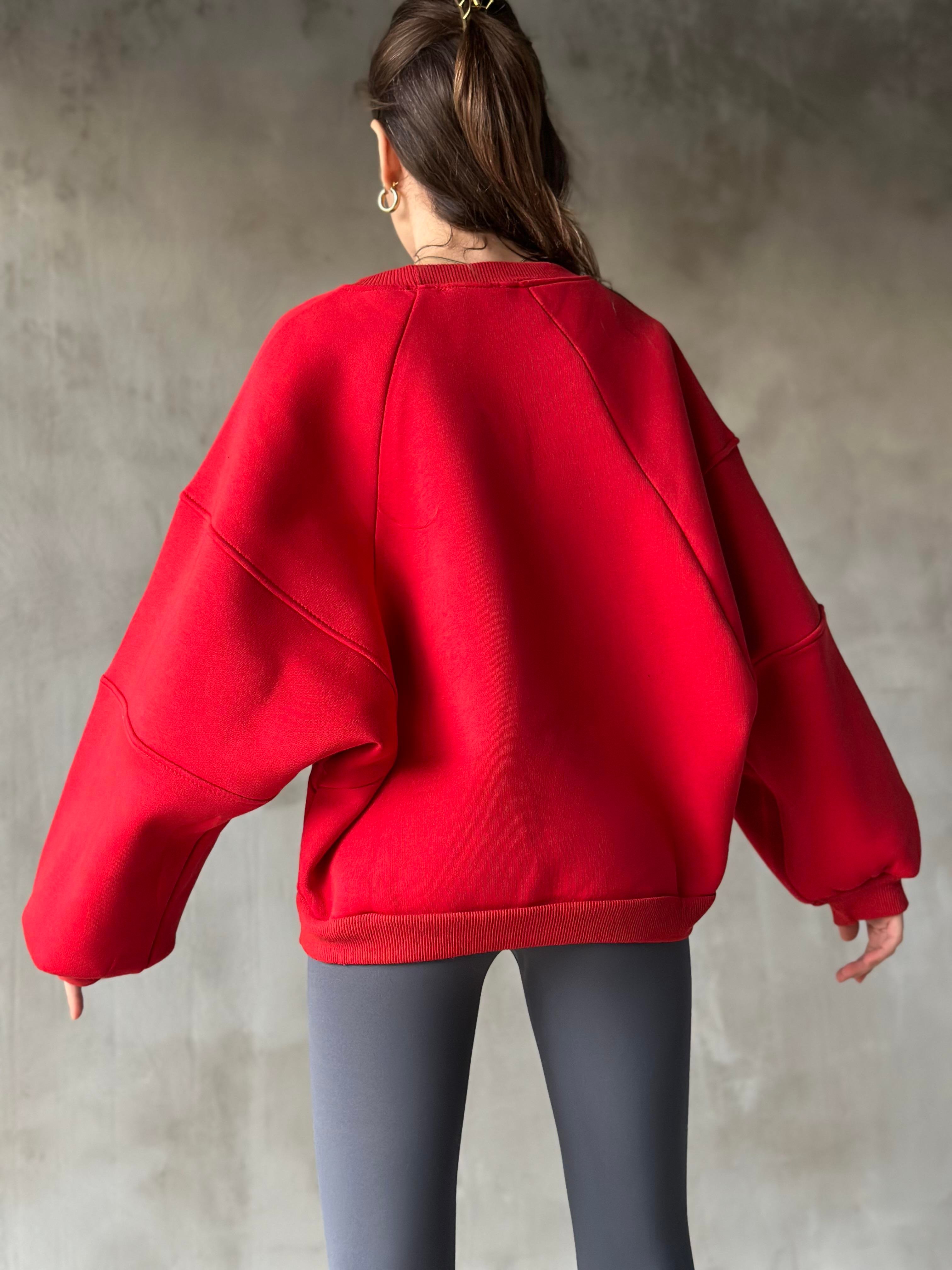 Poem Unisex Yarasa Kol Oversize Sweatshirt - Kırmızı - Dominatrend