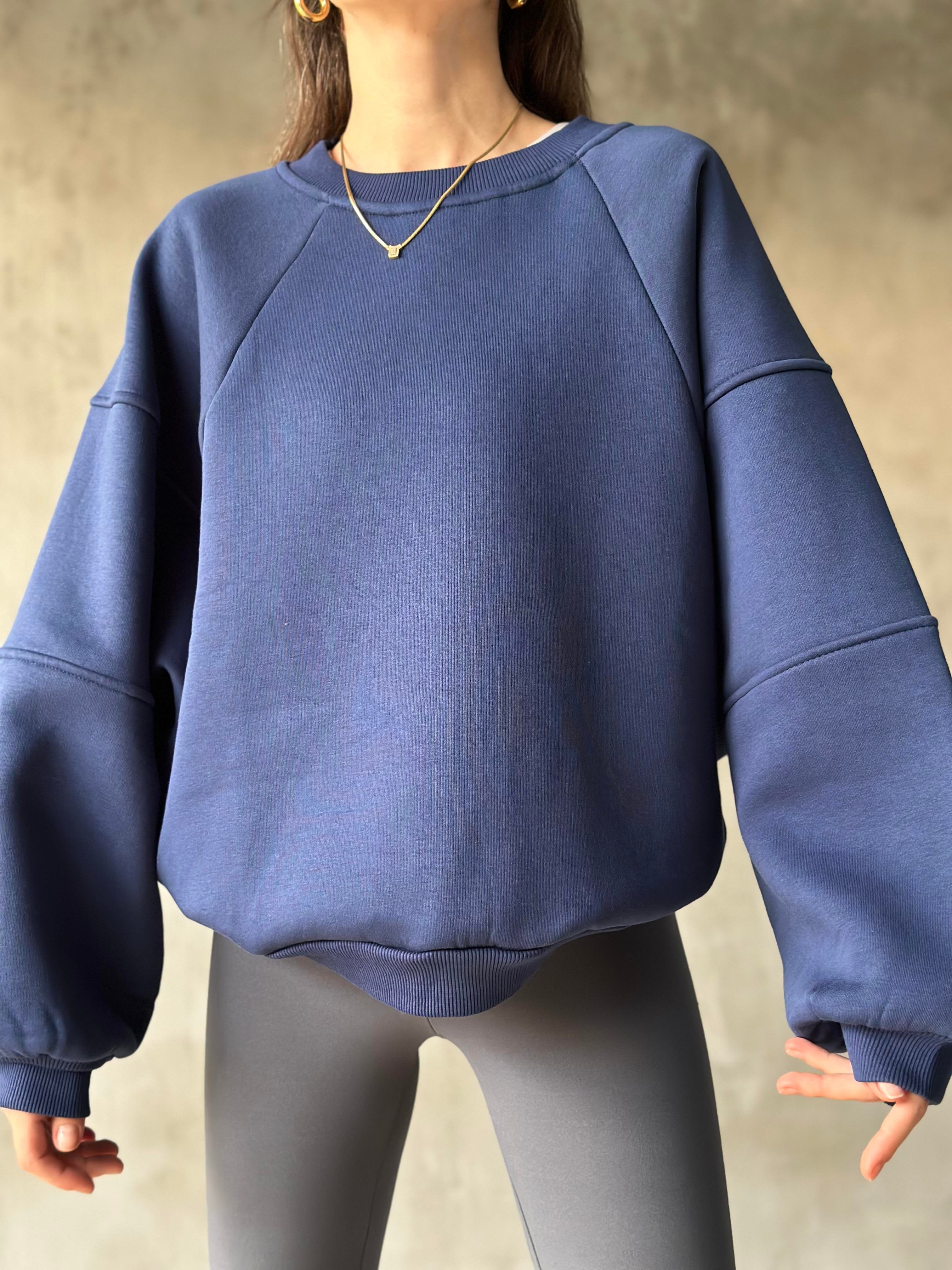 Poem Unisex Yarasa Kol Oversize Sweatshirt - İndigo - Dominatrend