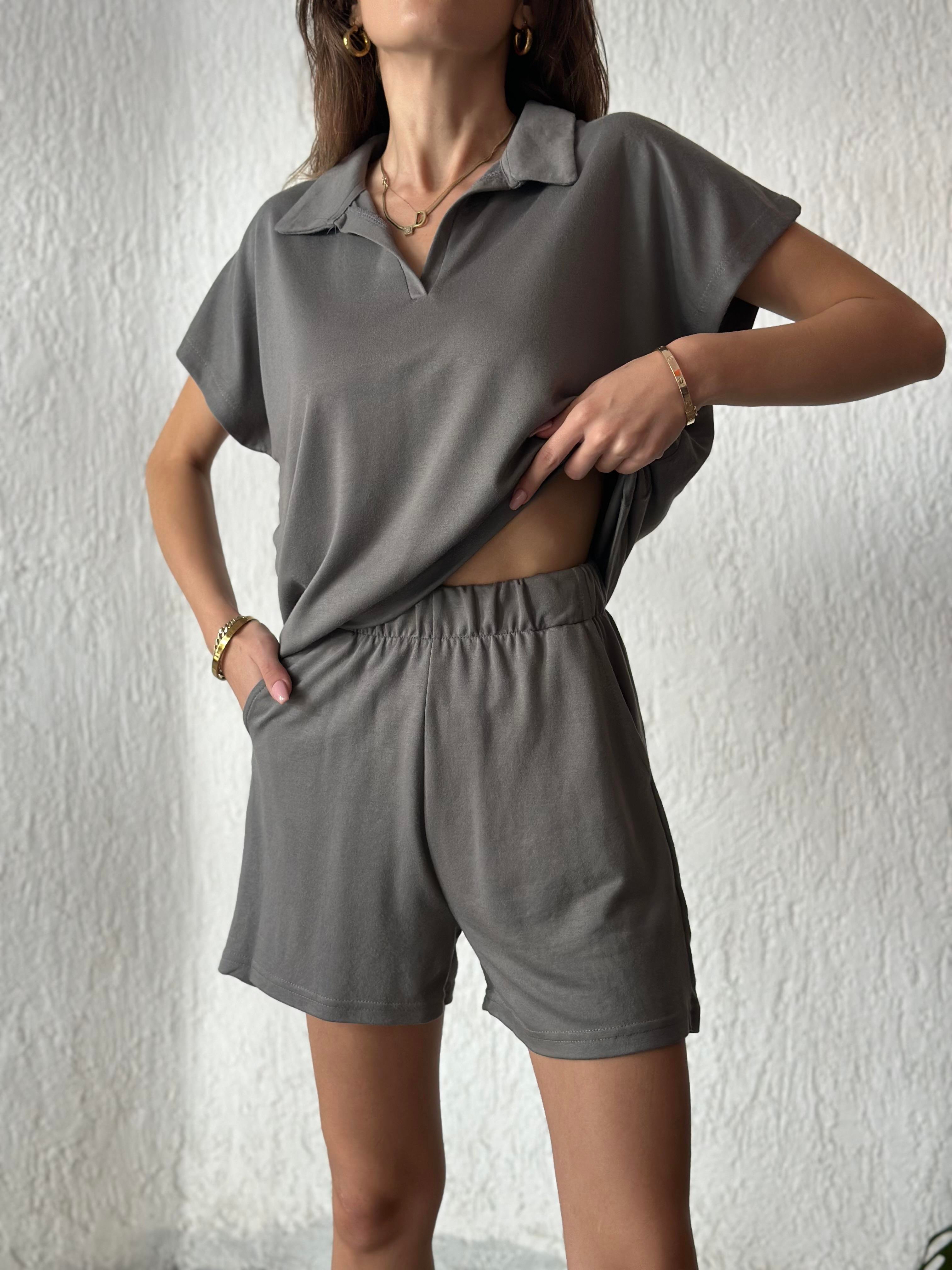 Polo Yaka Modal Takım - Gri - Dominatrend