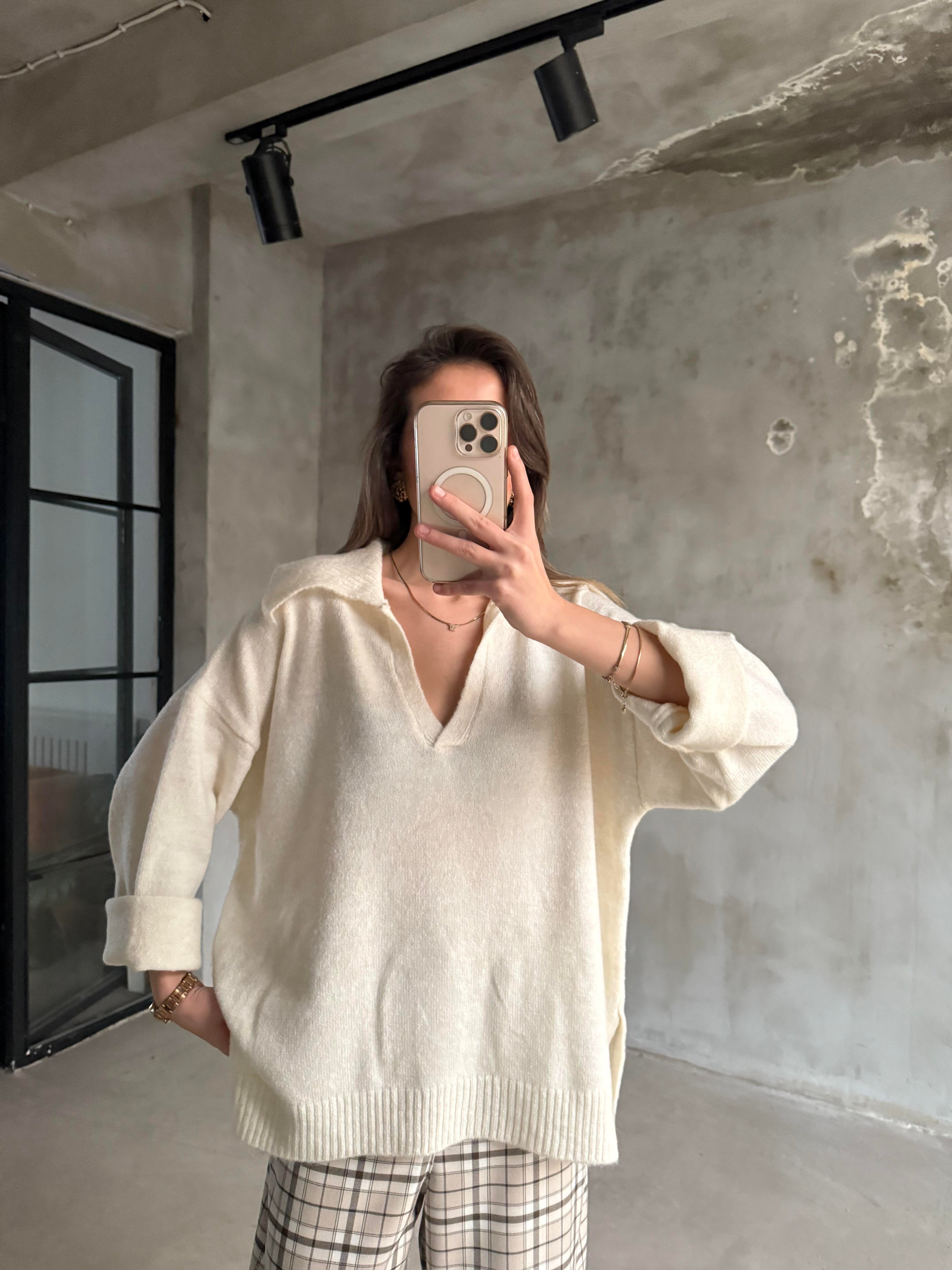 Polo Yaka Oversize Kazak Ekru - Dominatrend