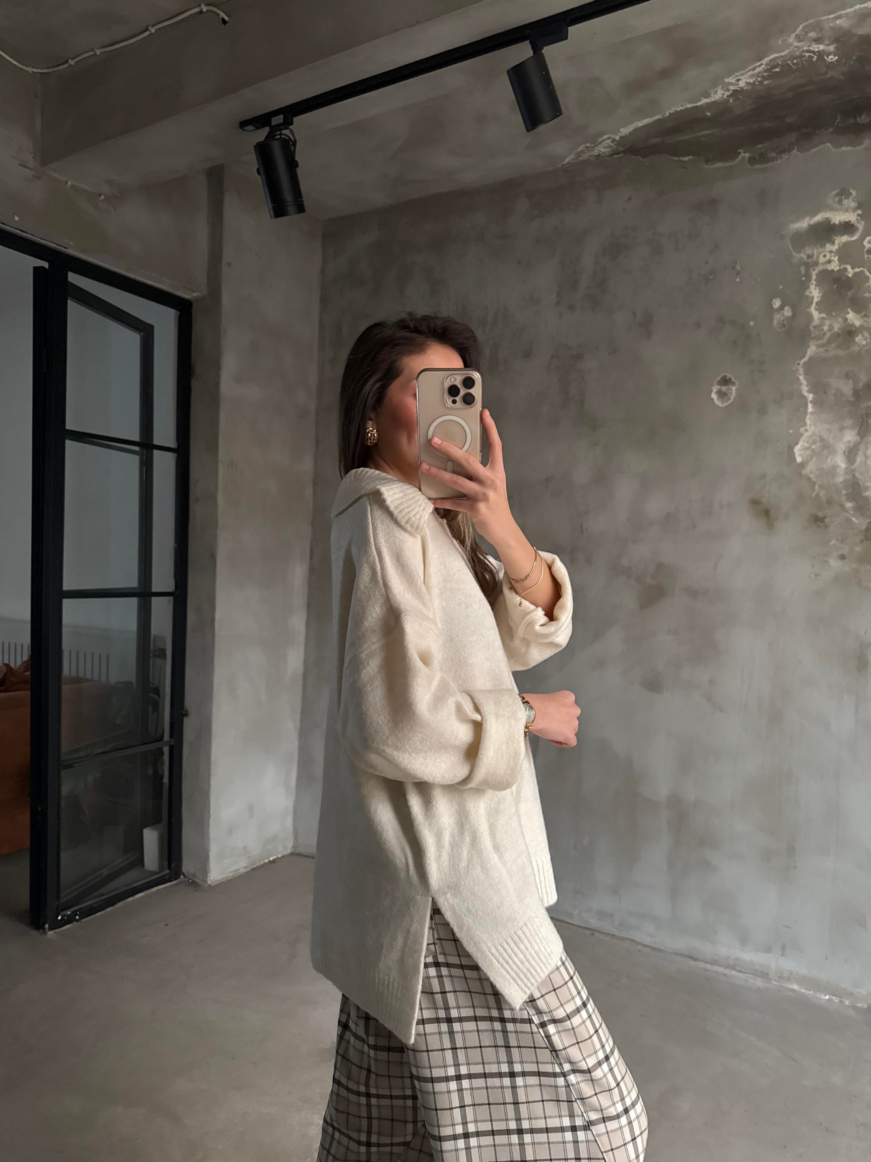 Polo Yaka Oversize Kazak Ekru - Dominatrend