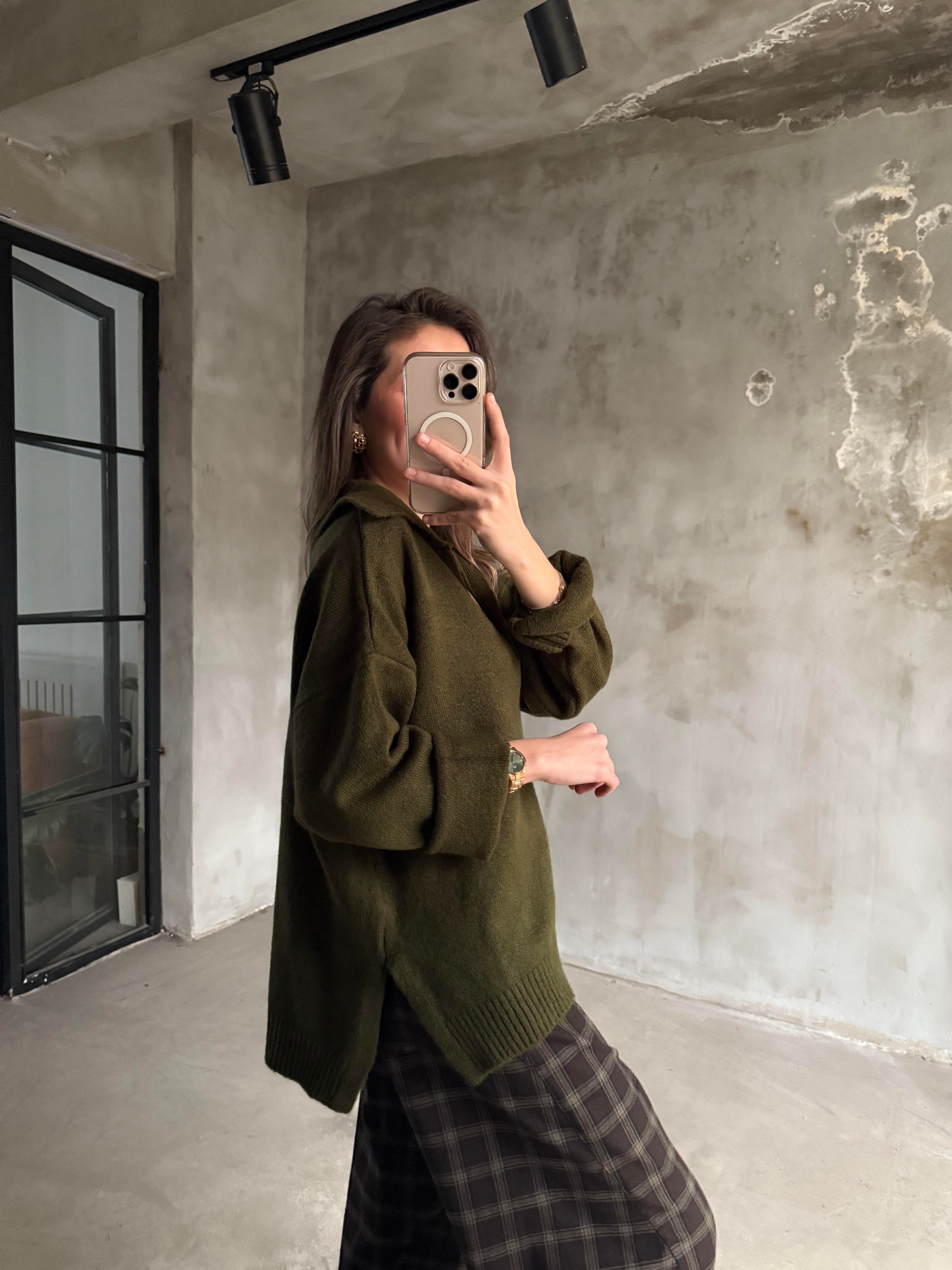 Polo Yaka Oversize Kazak Haki  - Dominatrend
