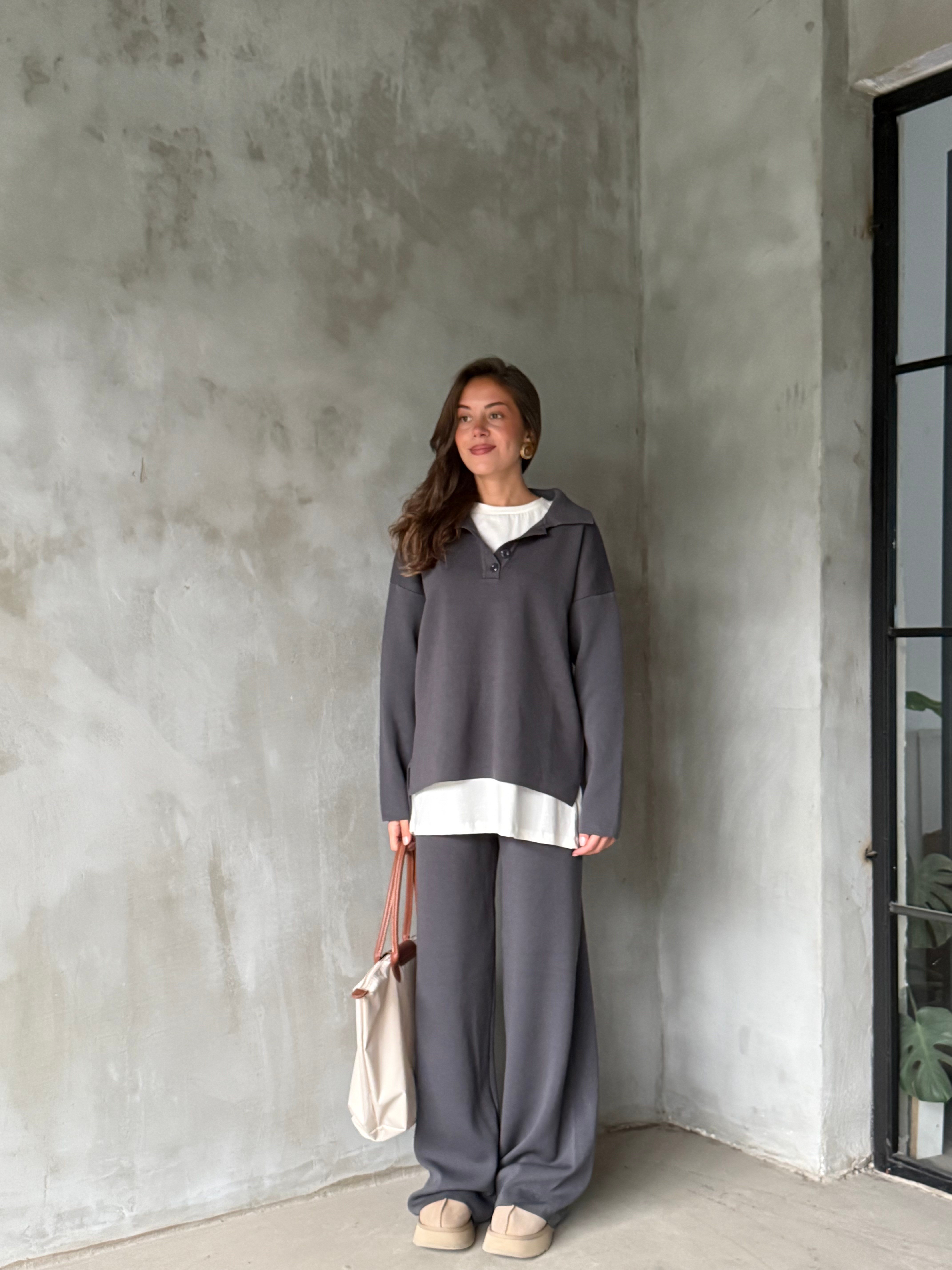 Polo Yaka Oversize Triko Takım - Antrasit - Dominatrend