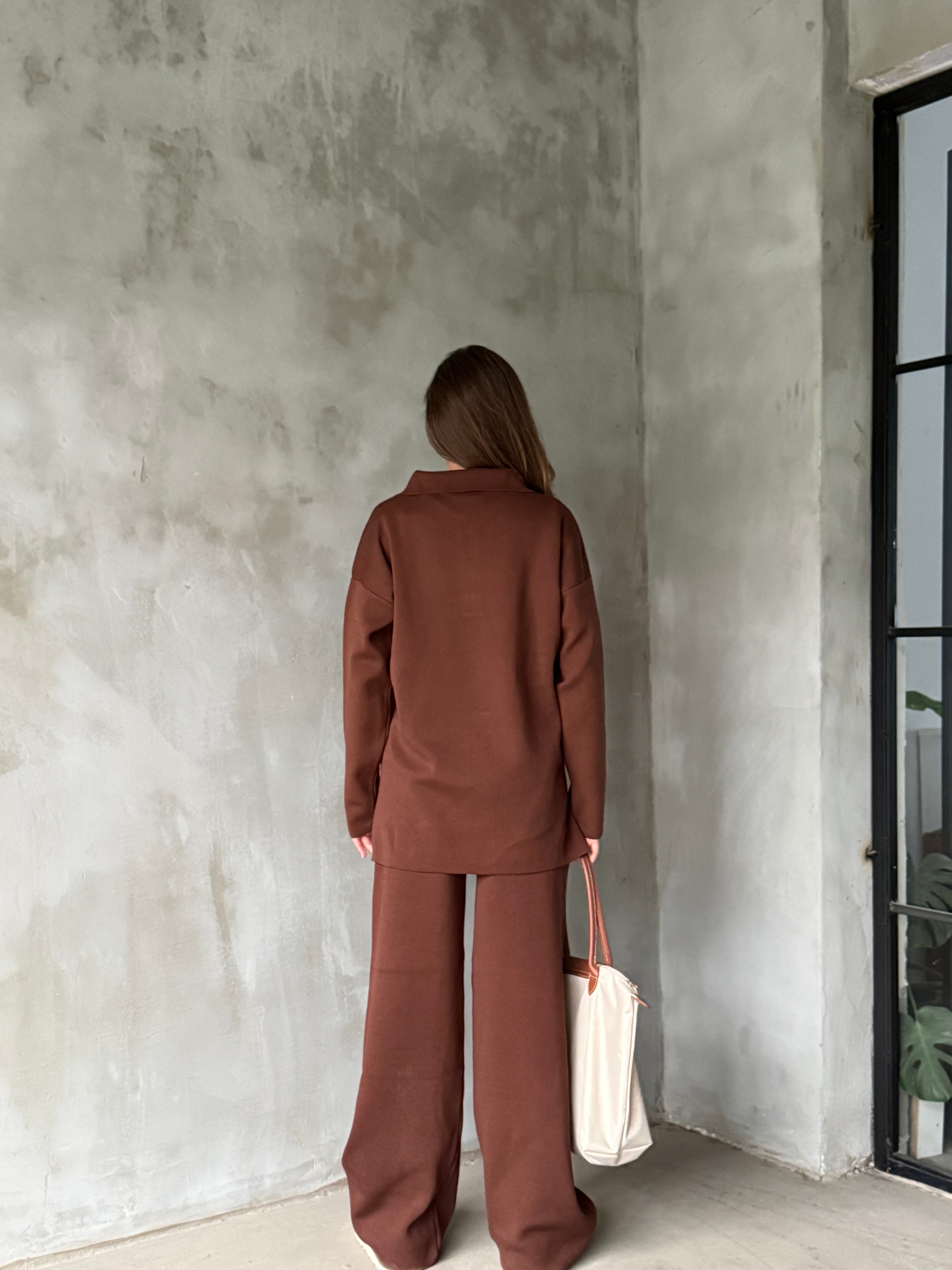 Polo Yaka Oversize Triko Takım - Kahverengi - Dominatrend