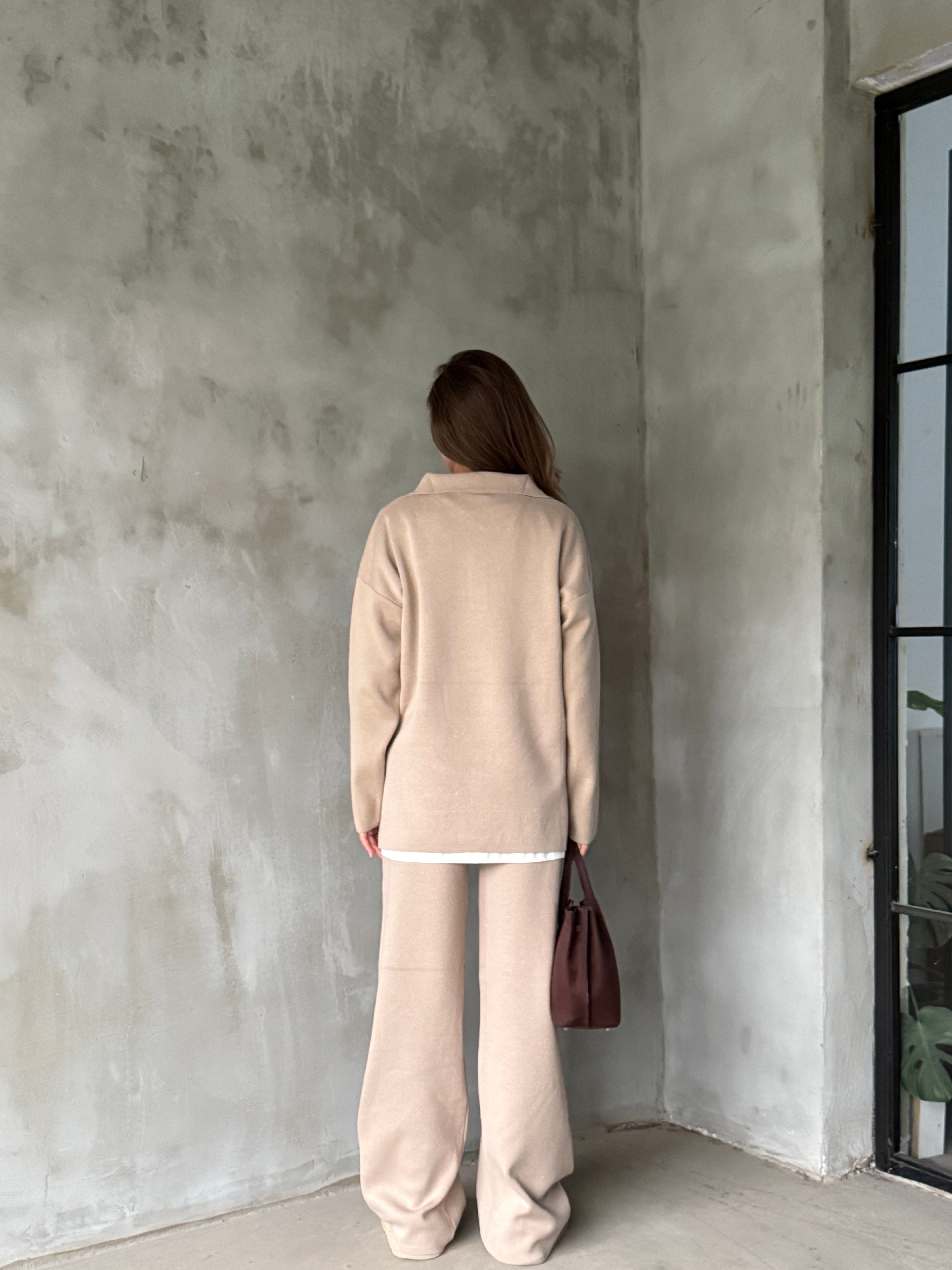 Polo Yaka Oversize Triko Takım - Krem - Dominatrend