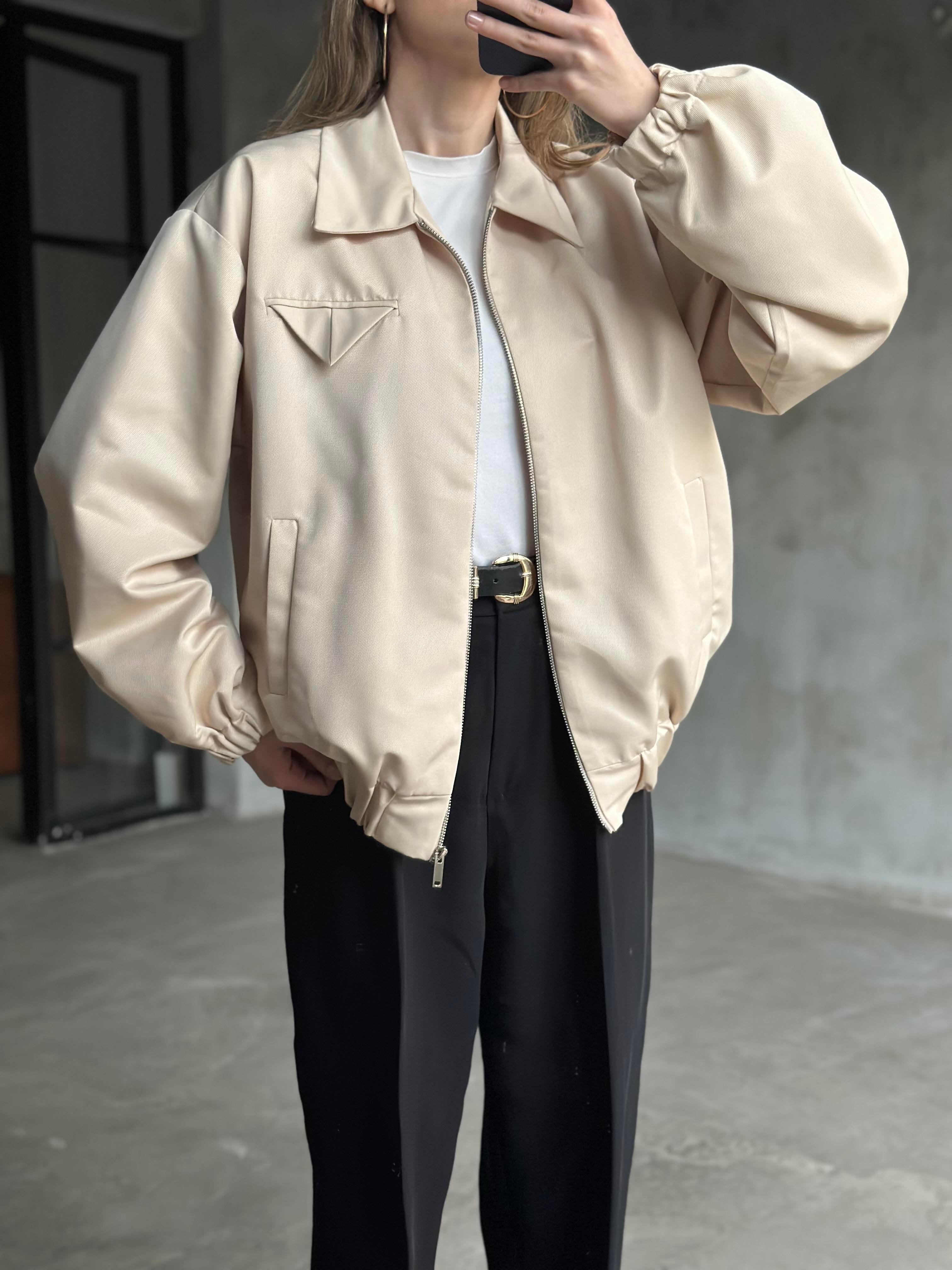 Premium Astarlı Bomber Ceket - Krem - Dominatrend