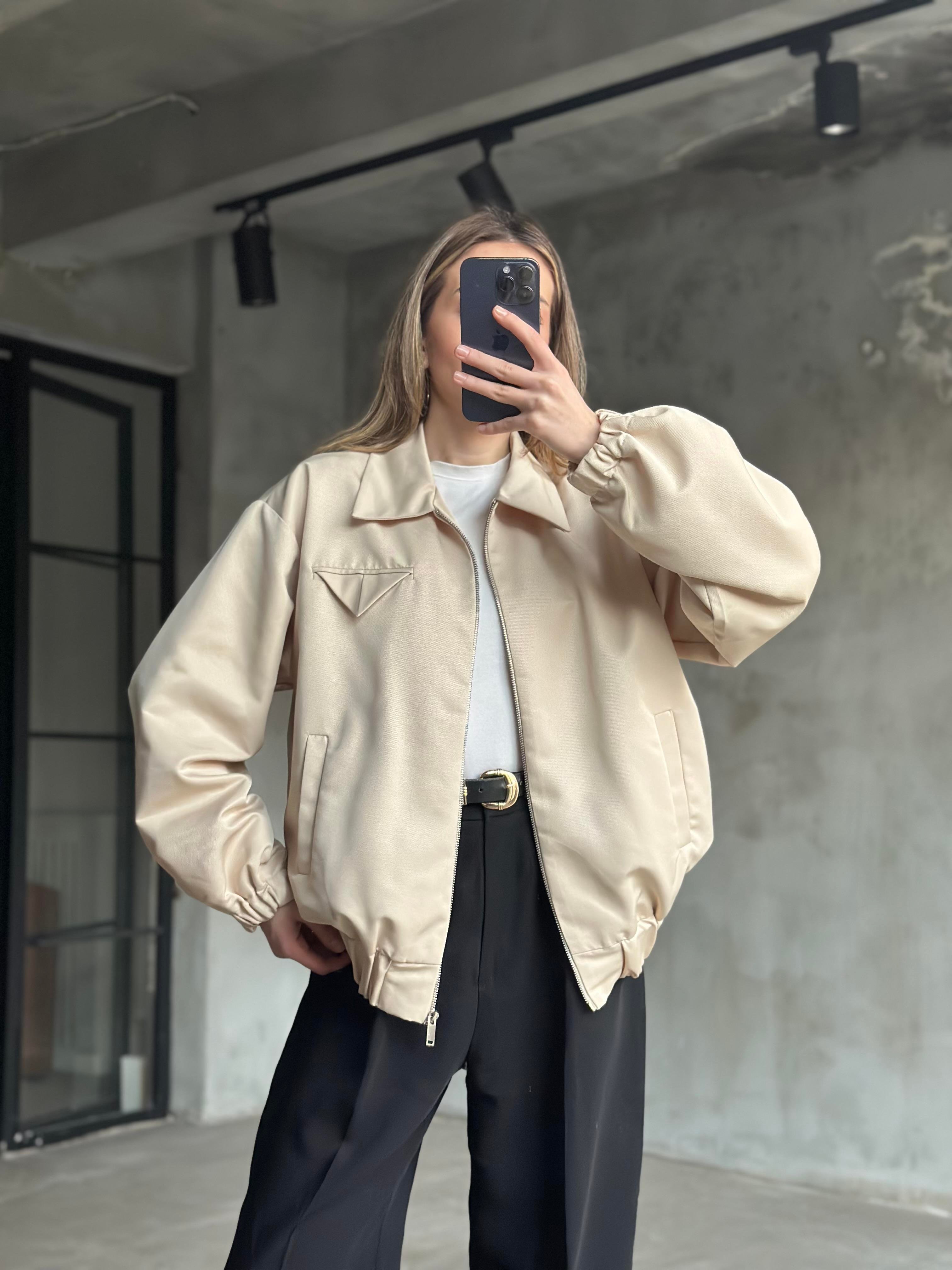 Premium Astarlı Bomber Ceket - Krem - Dominatrend