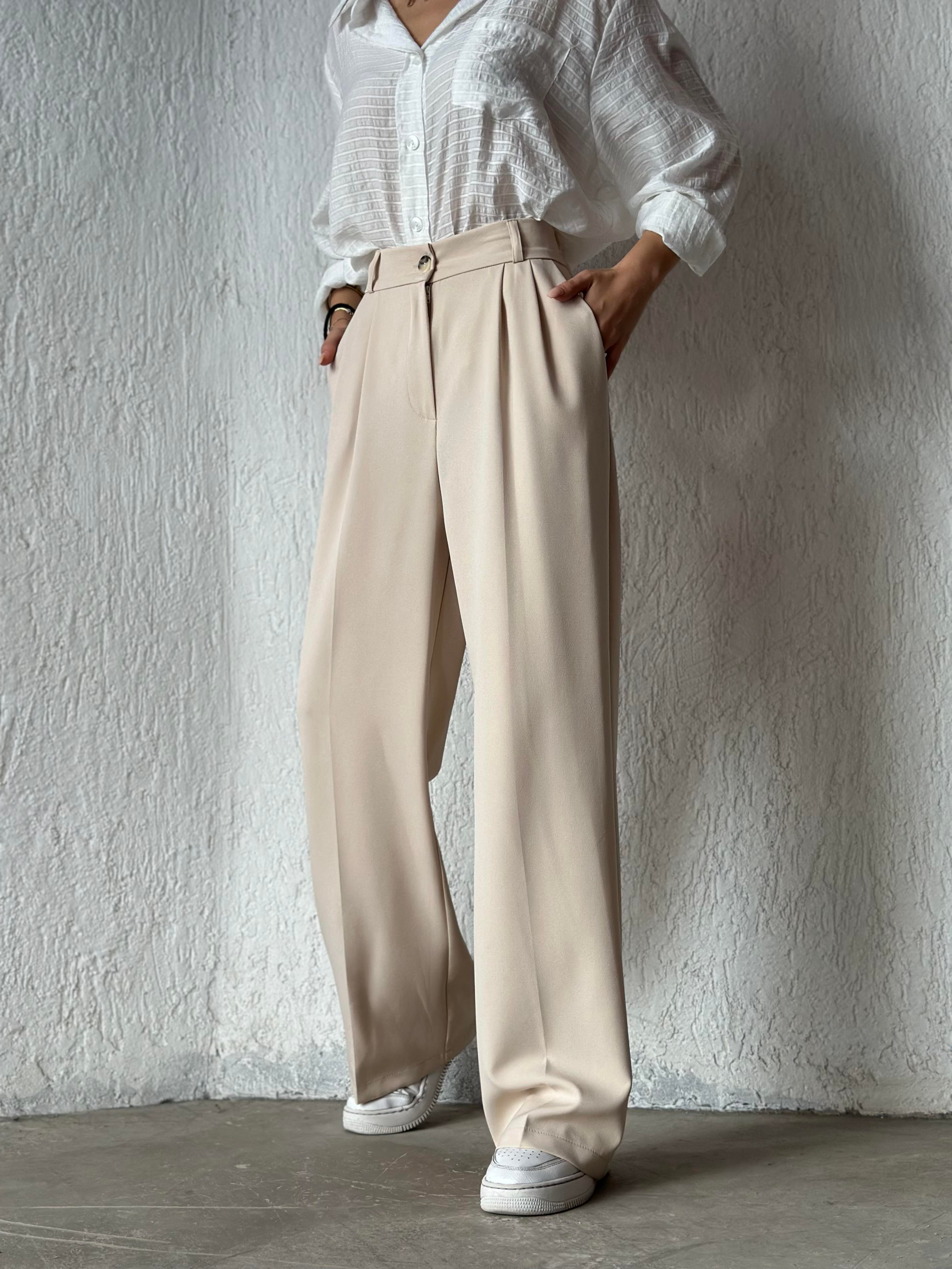 Premium Bel Lastikli Palazzo - Bej - Dominatrend