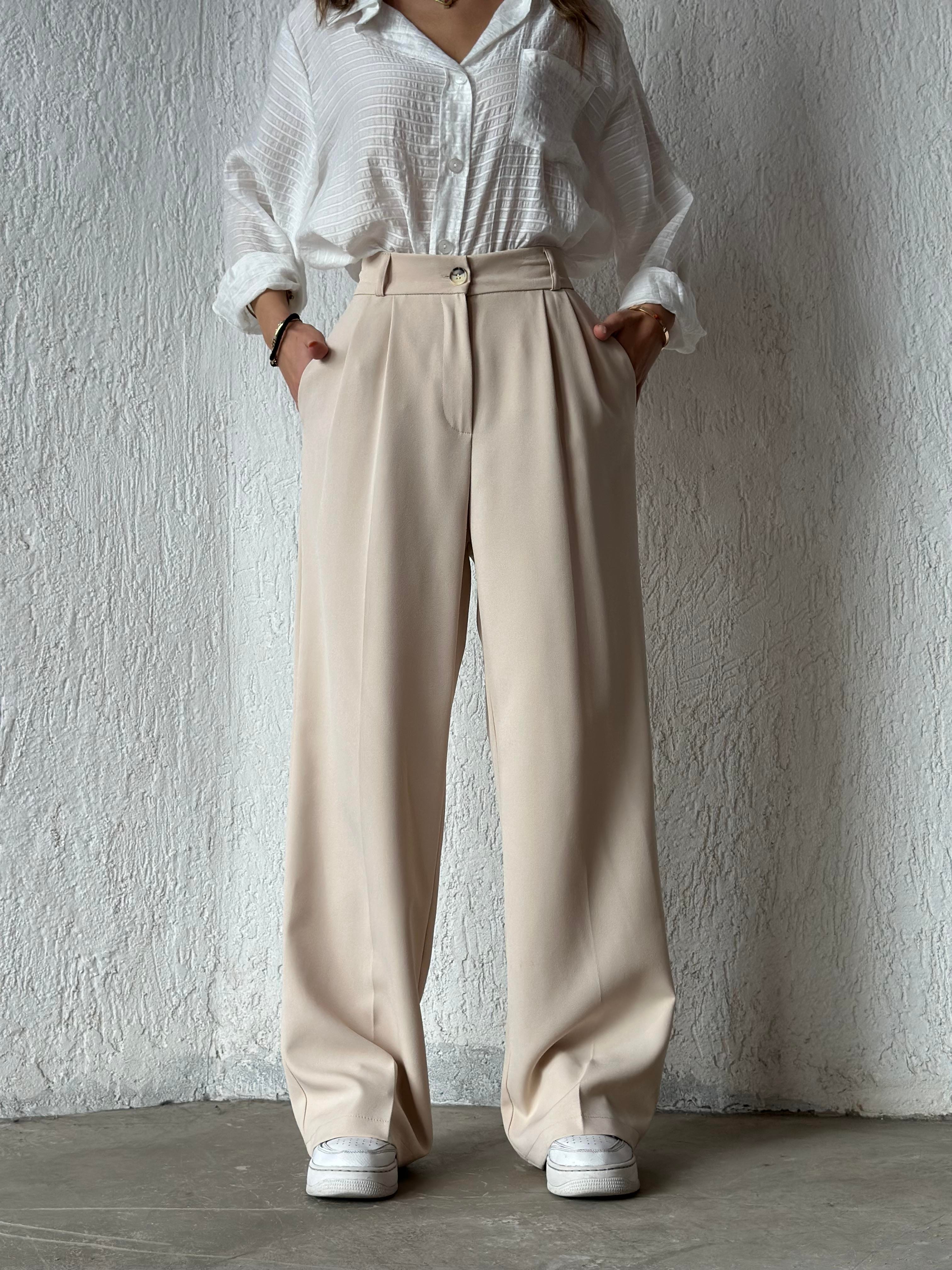 Premium Bel Lastikli Palazzo - Bej - Dominatrend