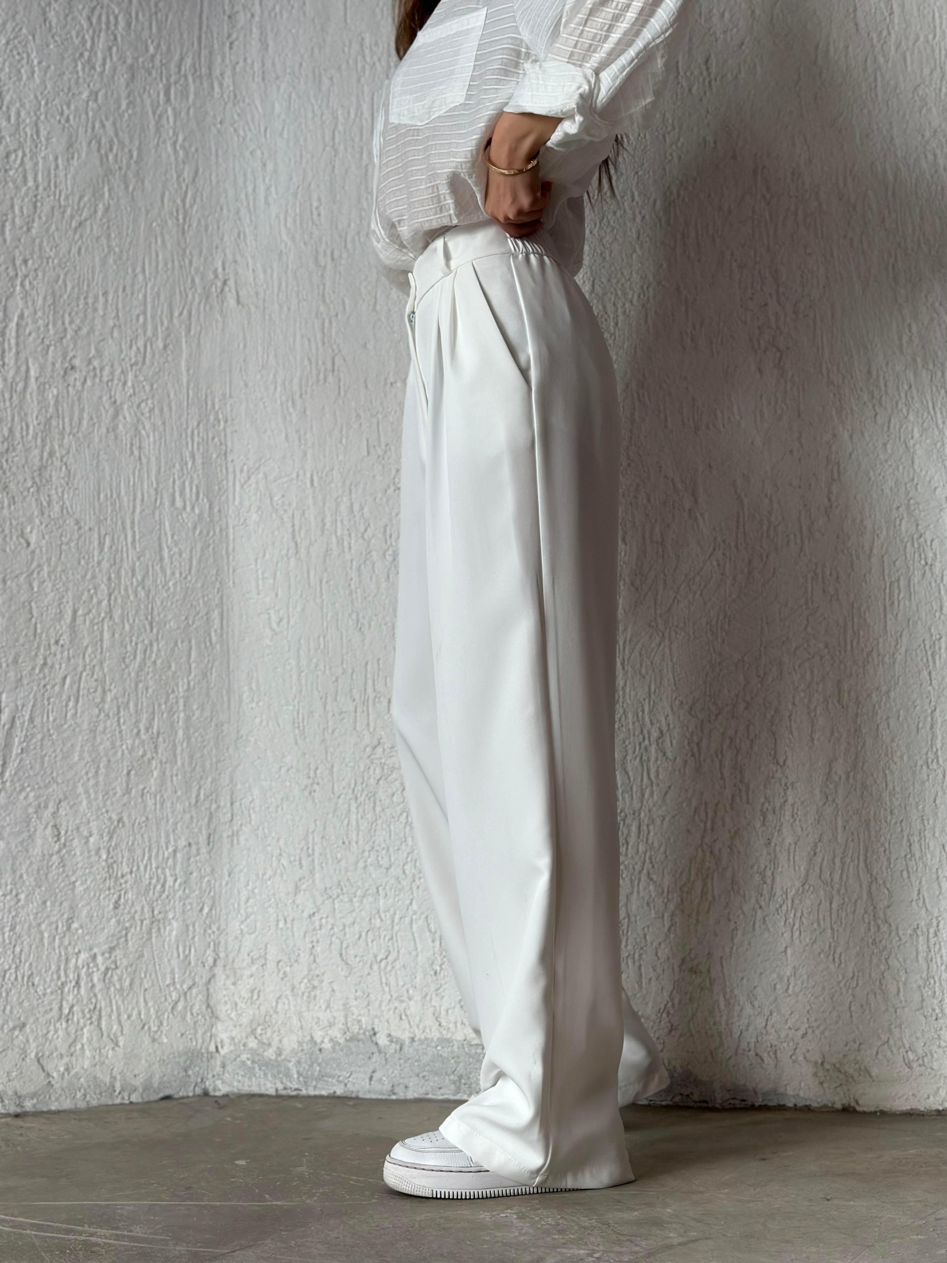 Premium Bel Lastikli Palazzo - Beyaz - Dominatrend