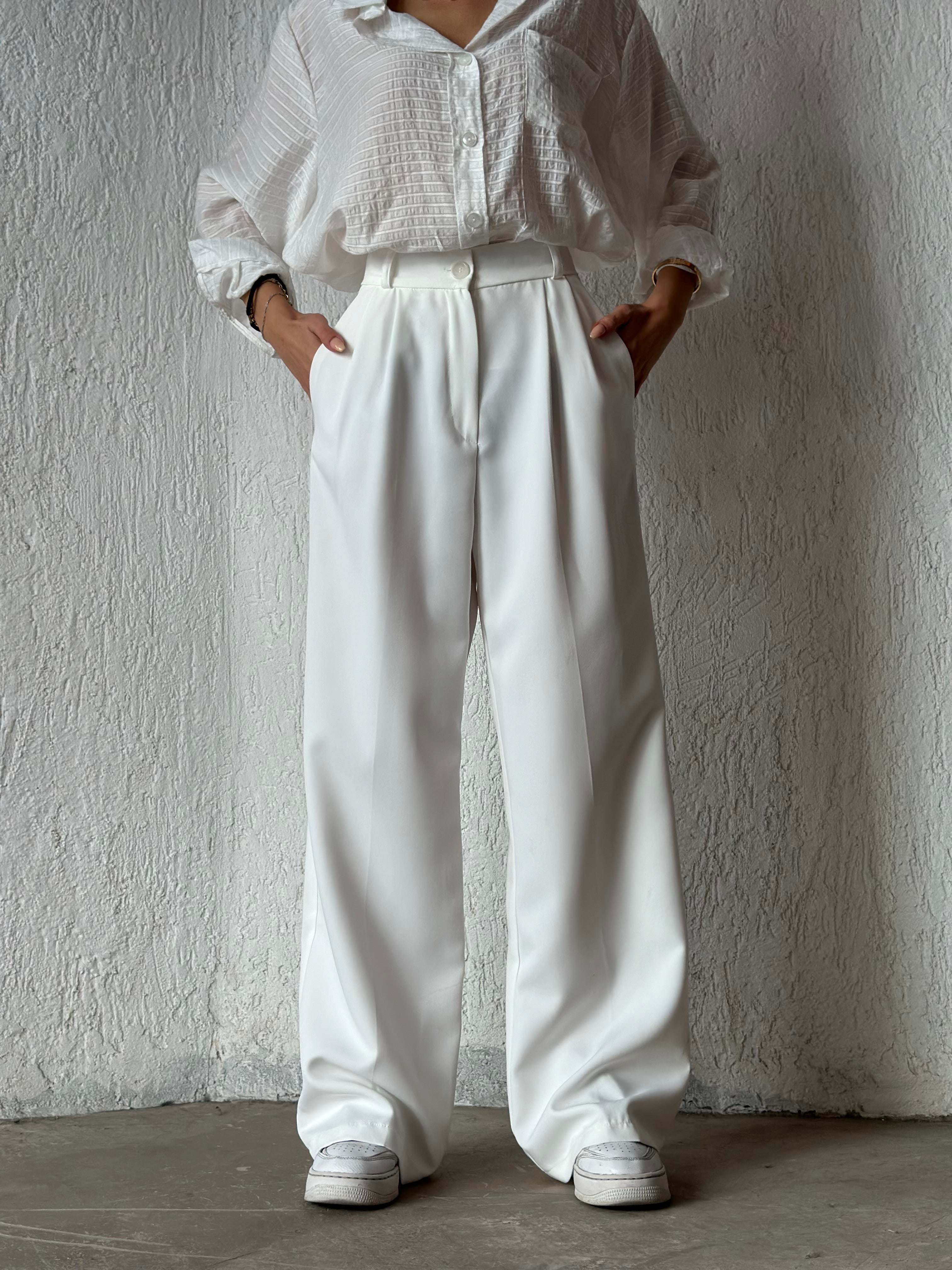 Premium Bel Lastikli Palazzo - Beyaz - Dominatrend