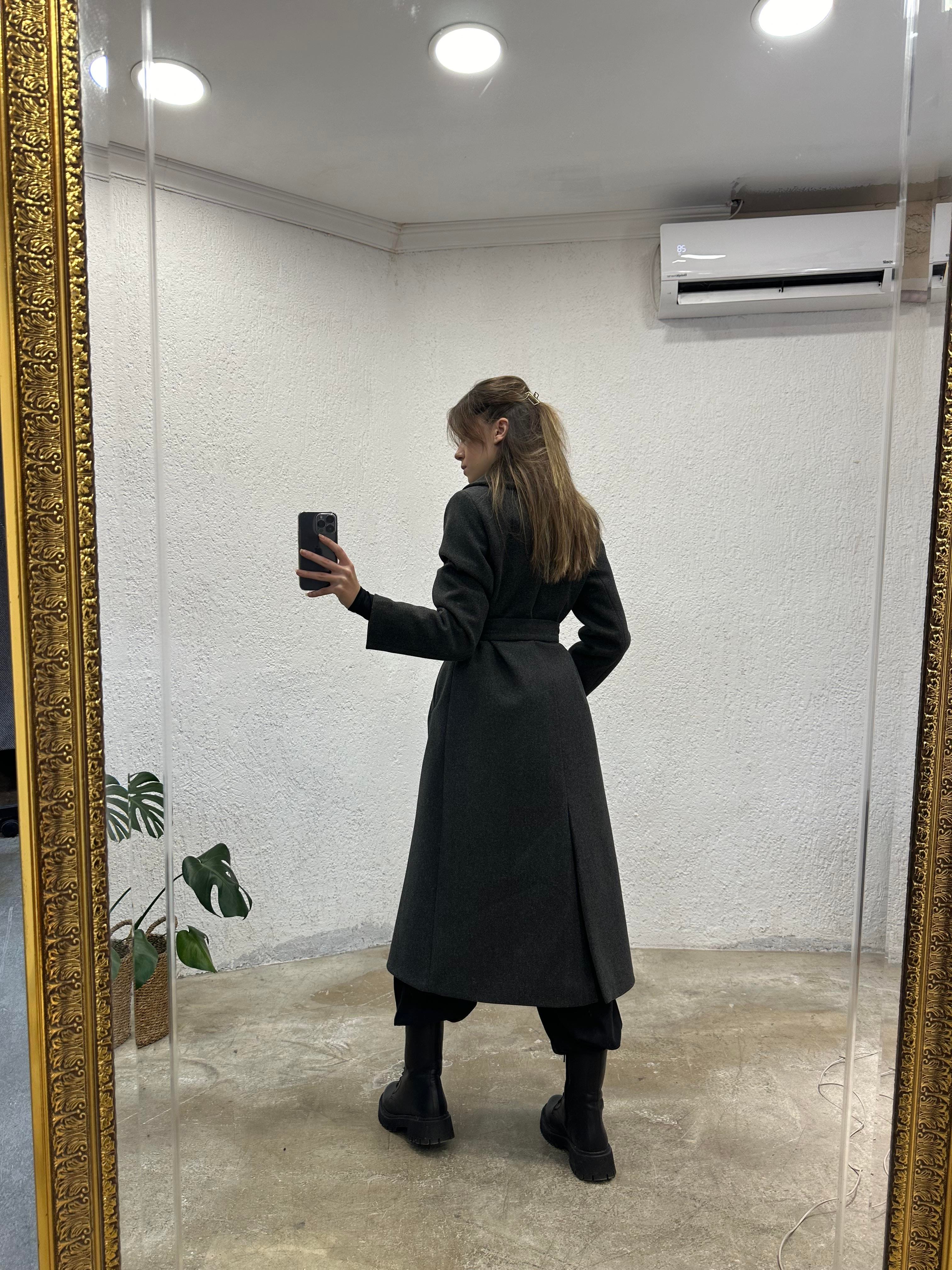 Premium Bornoz Yaka Kuşaklı Kaşe Kaban - Antrasit - Dominatrend