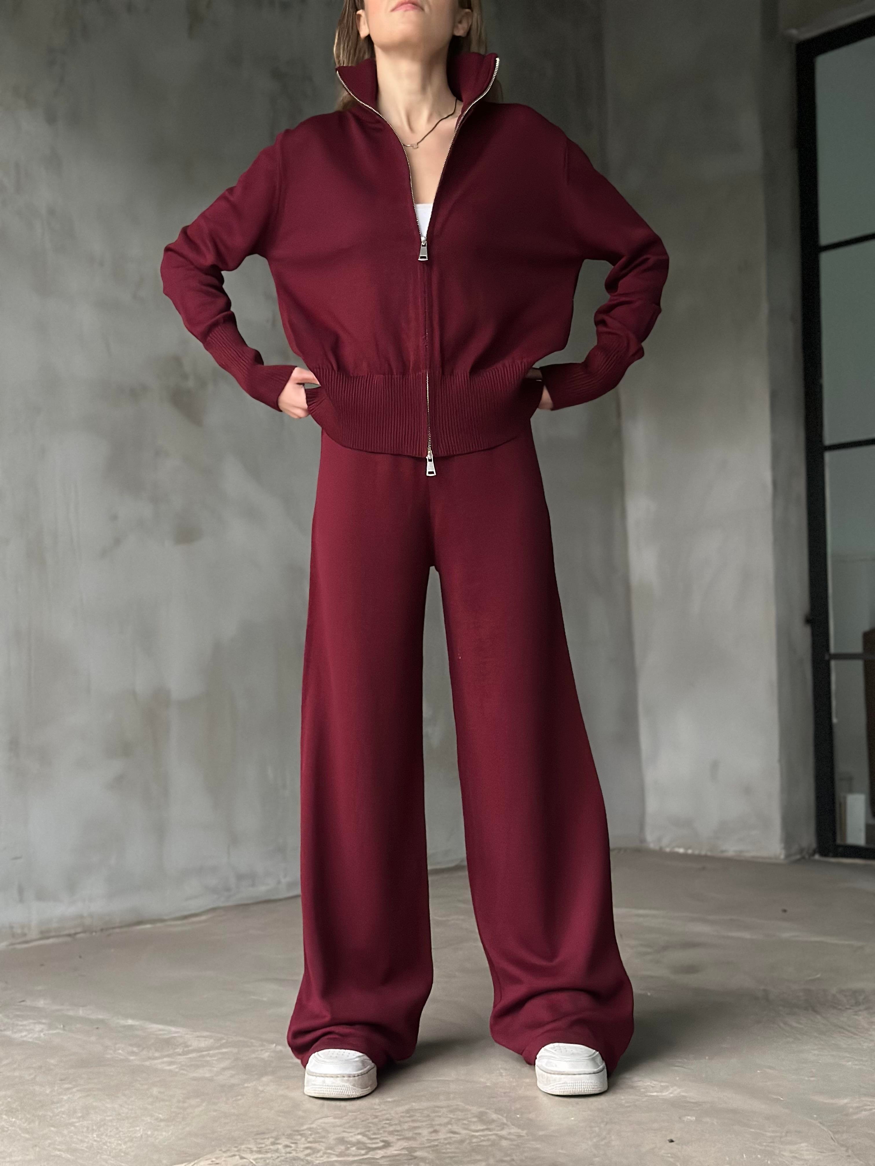 Premium Çift Fermuarlı Triko Takım - Bordo - Dominatrend