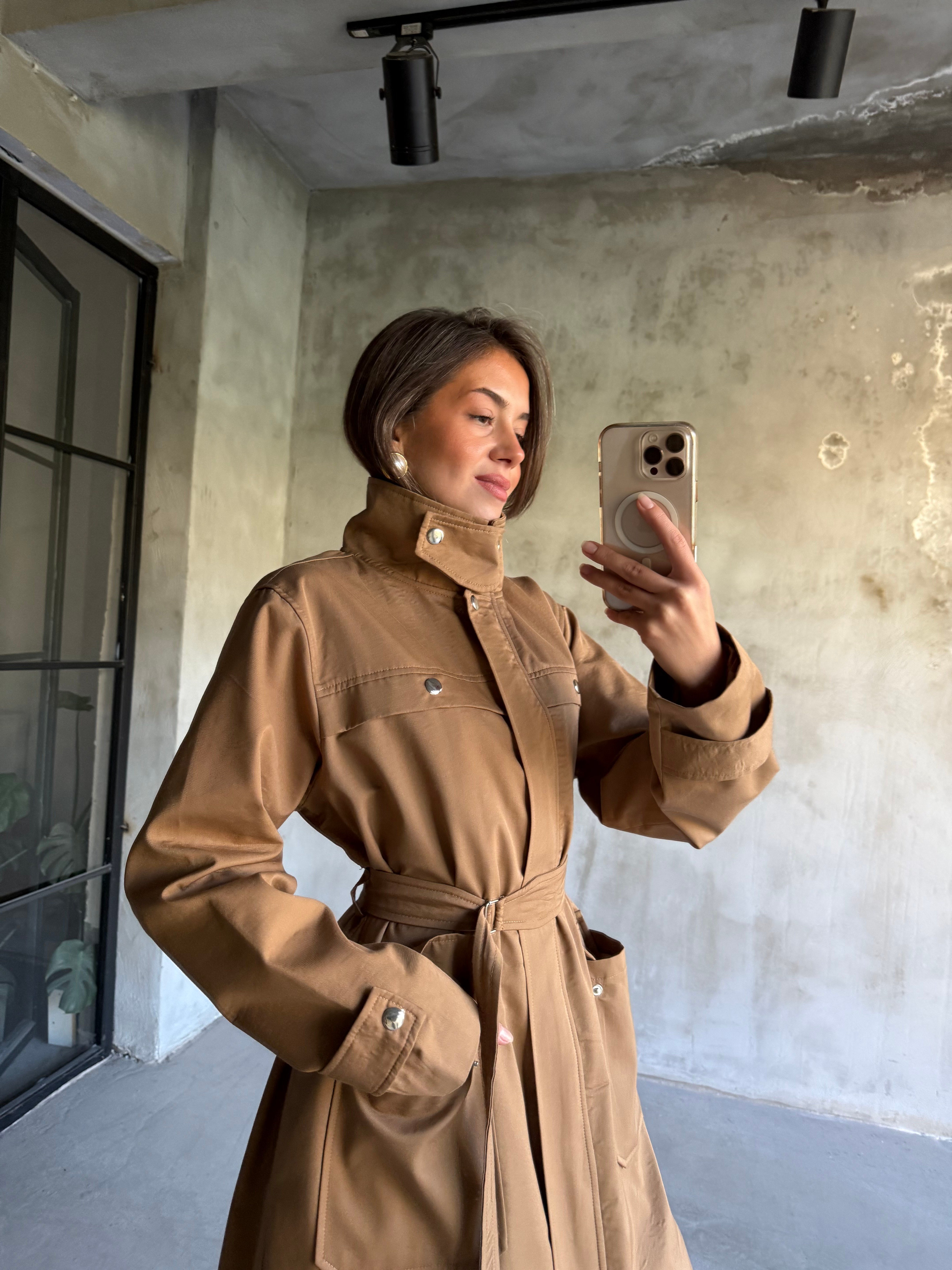 Premium Dik Yaka Su İtici Trençkot - Camel - Dominatrend