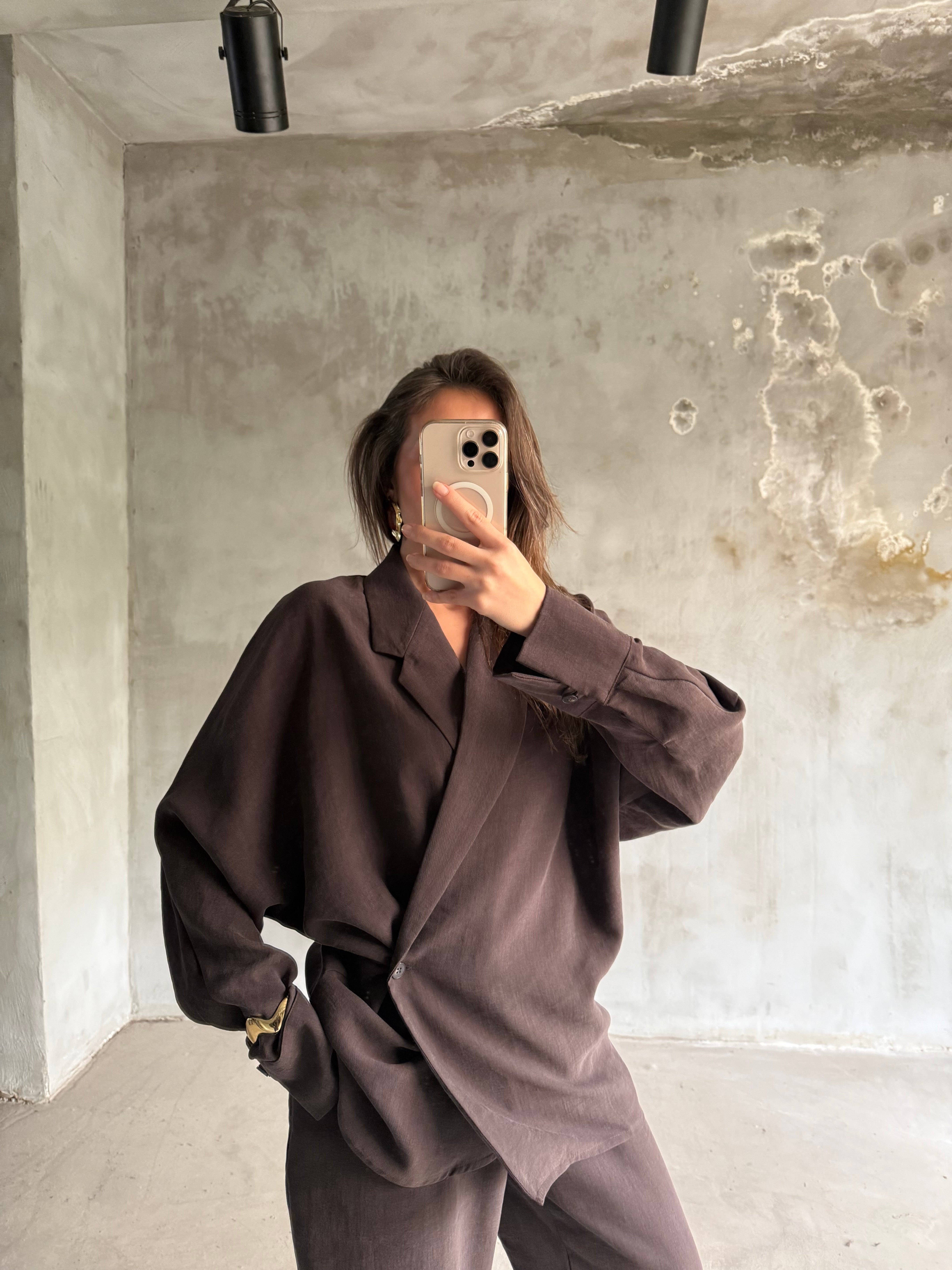 Premium Gabardin Tencel Kimonolu Takım - Kahverengi - Dominatrend