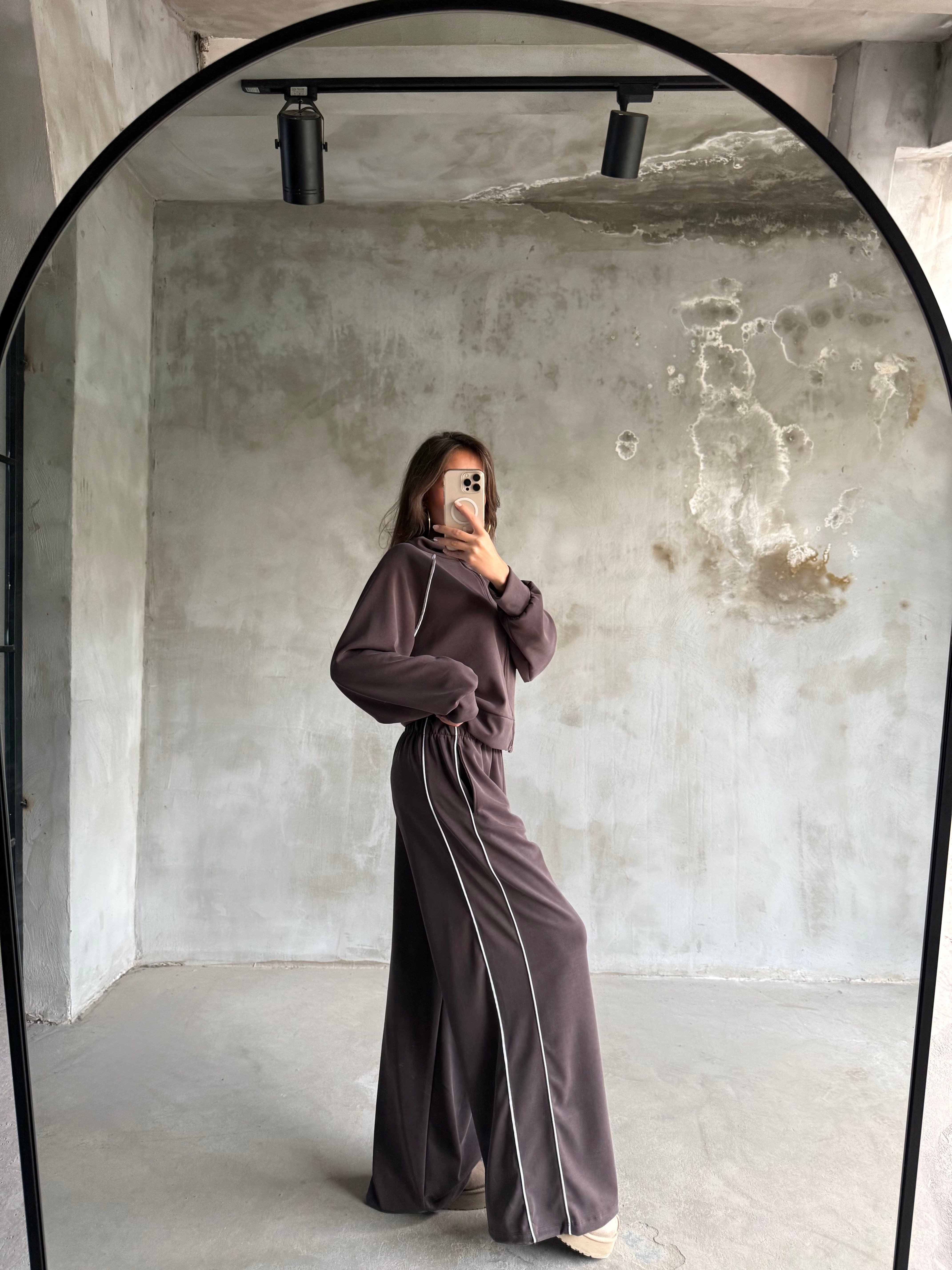 Premium Modal Şeritli Dik Yaka Takım - Kahve - Dominatrend